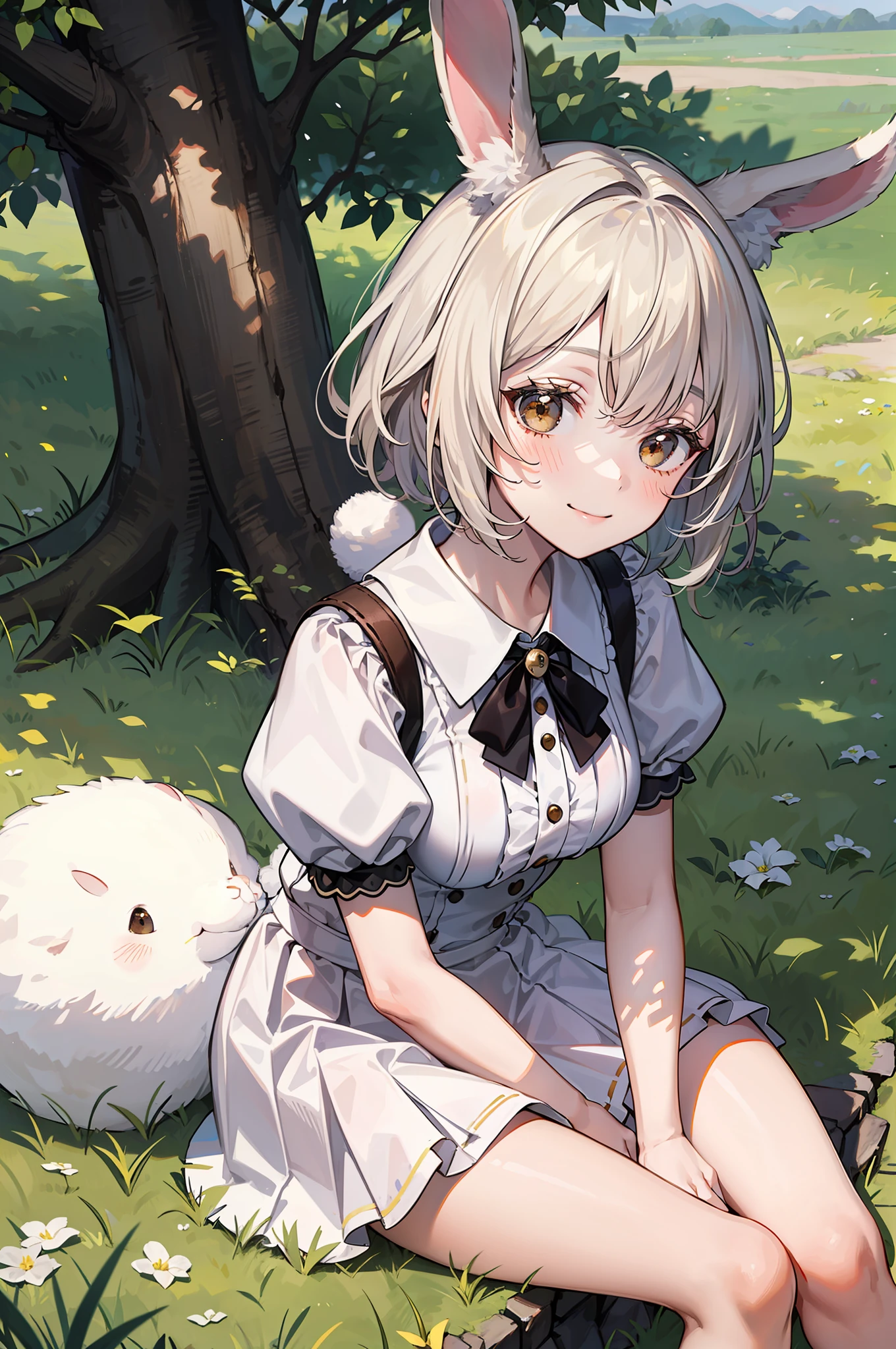 ((masterpiece,best quality)),1girl, solo, animal ears, rabbit, barefoot, knee raised, skirt, sitting position, rabbit ears, short sleeves, looking at viewer, grass, short hair, smiling, white hair, puff sleeves , outdoors, puffy short sleeves, bangs, on the ground, full body, animal, white dress, sunlight, brown eyes, dappled sunlight, daytime, depth of field