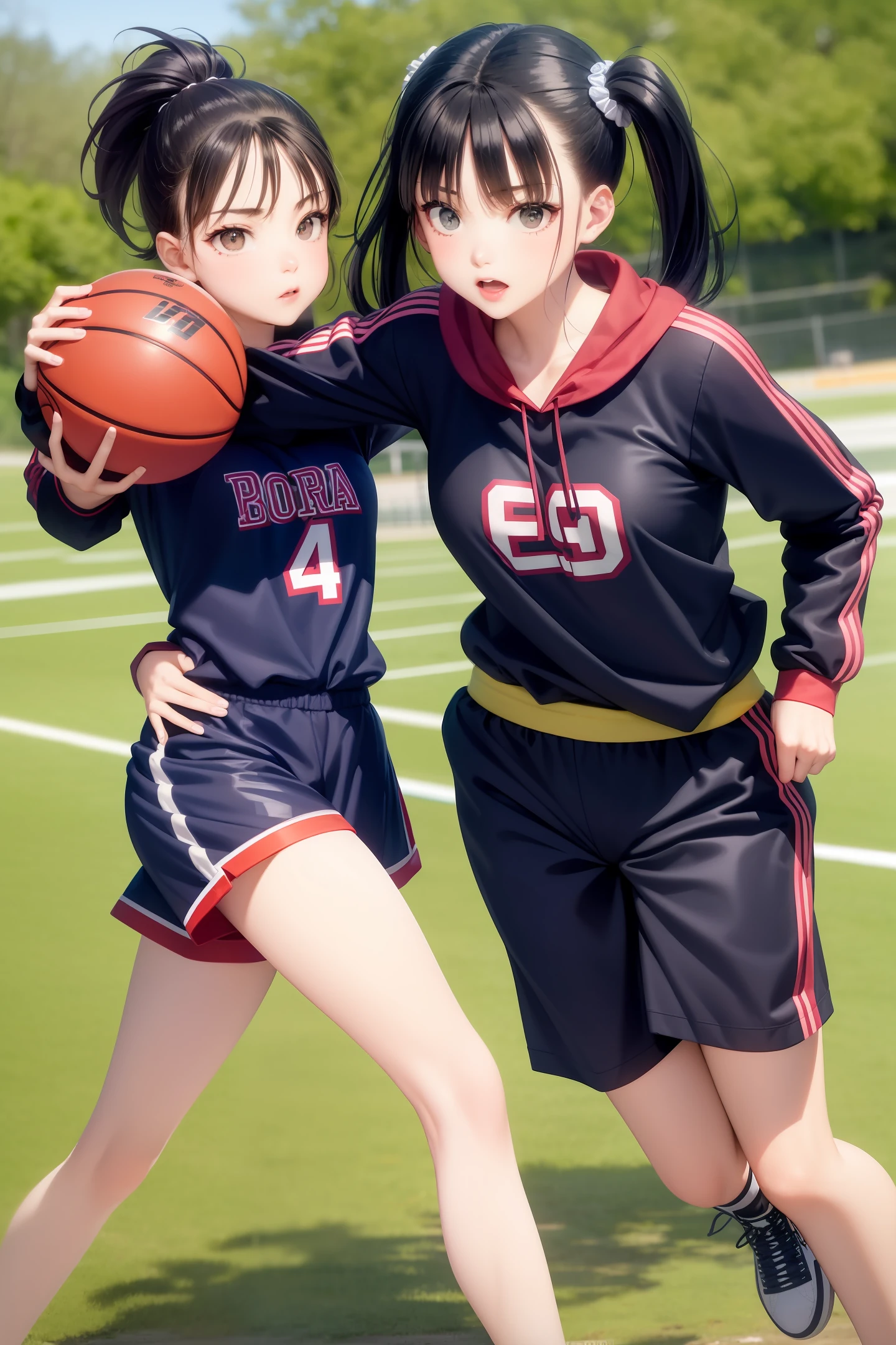 basketball ball，dual horsetail，track suit，teens girl