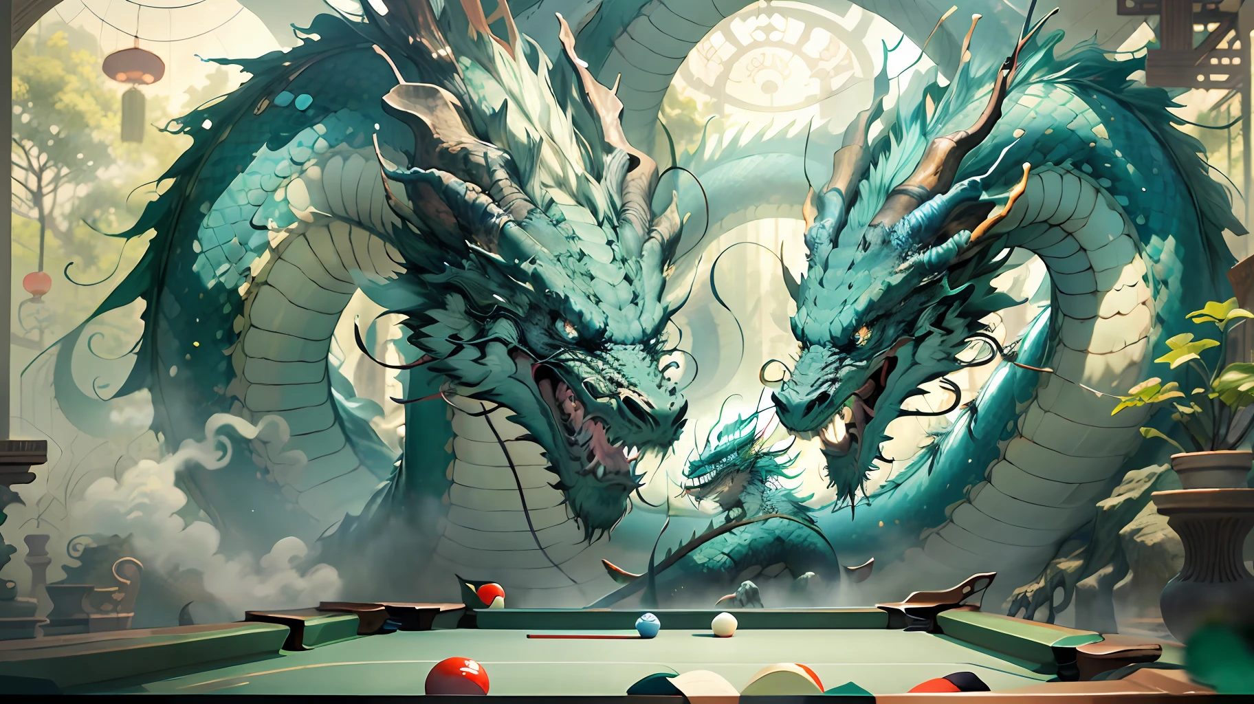 There are two Chinese dragons in the picture,They are playing billiards。One of the dragons has a longer body,The head is heavily depicted,The other dragon has a shorter body,There is a pair of winglets。You can add some palace-like backgrounds to the picture,to strengthen the Chinese style,Dragons that show ancient and rich cultural characteristics。The lighting is dominated by warm colors,to enhance the mystery and atmosphere of the scene。#chinesedragon #classical #billiards