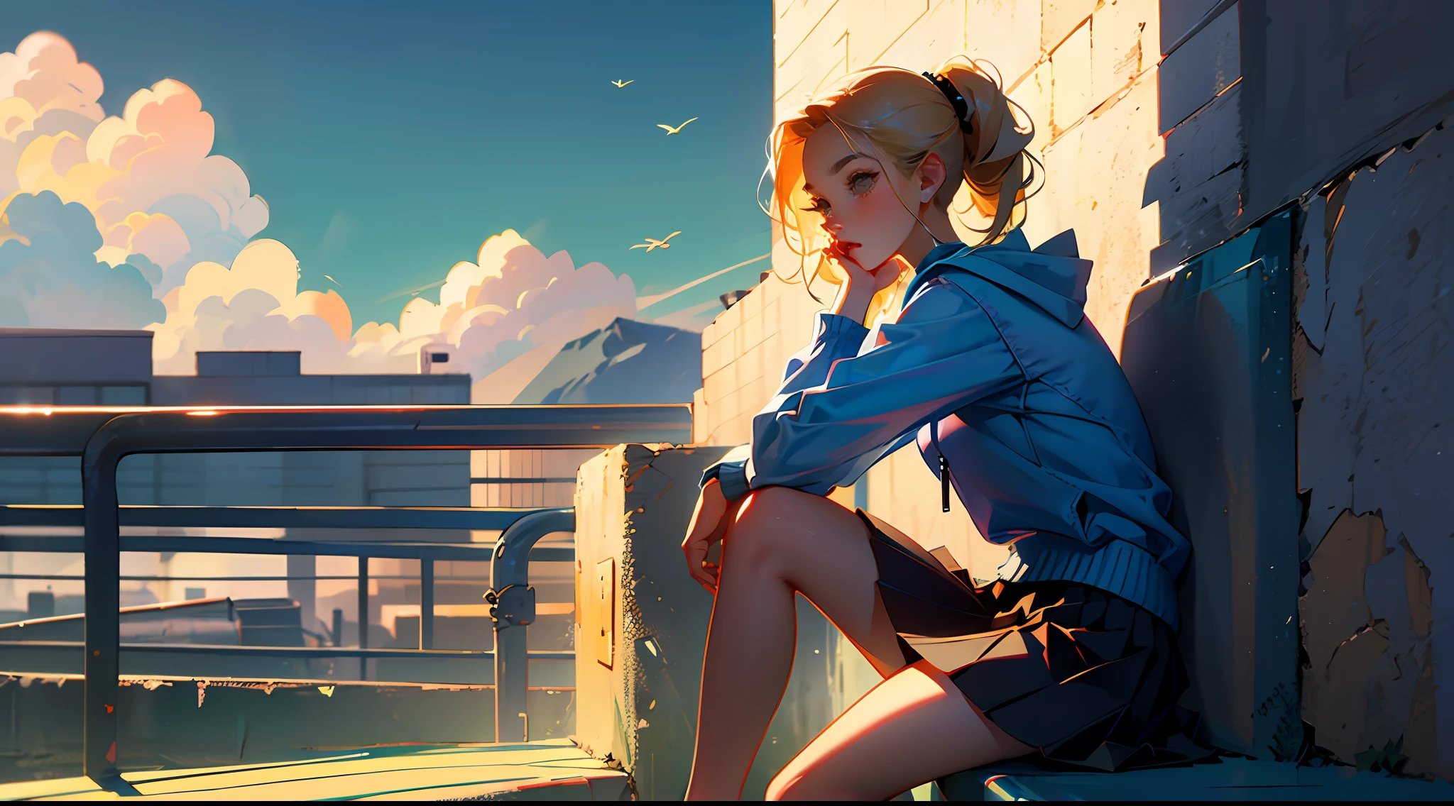 illustration,golden hair, side pony tail, headset on head, Over-the-knee skirt, The skirt is slightly blown by the wind, Leaning against the guardrail, Background school rooftop, blue-sky, Look at the sky, Hands down slightly --auto