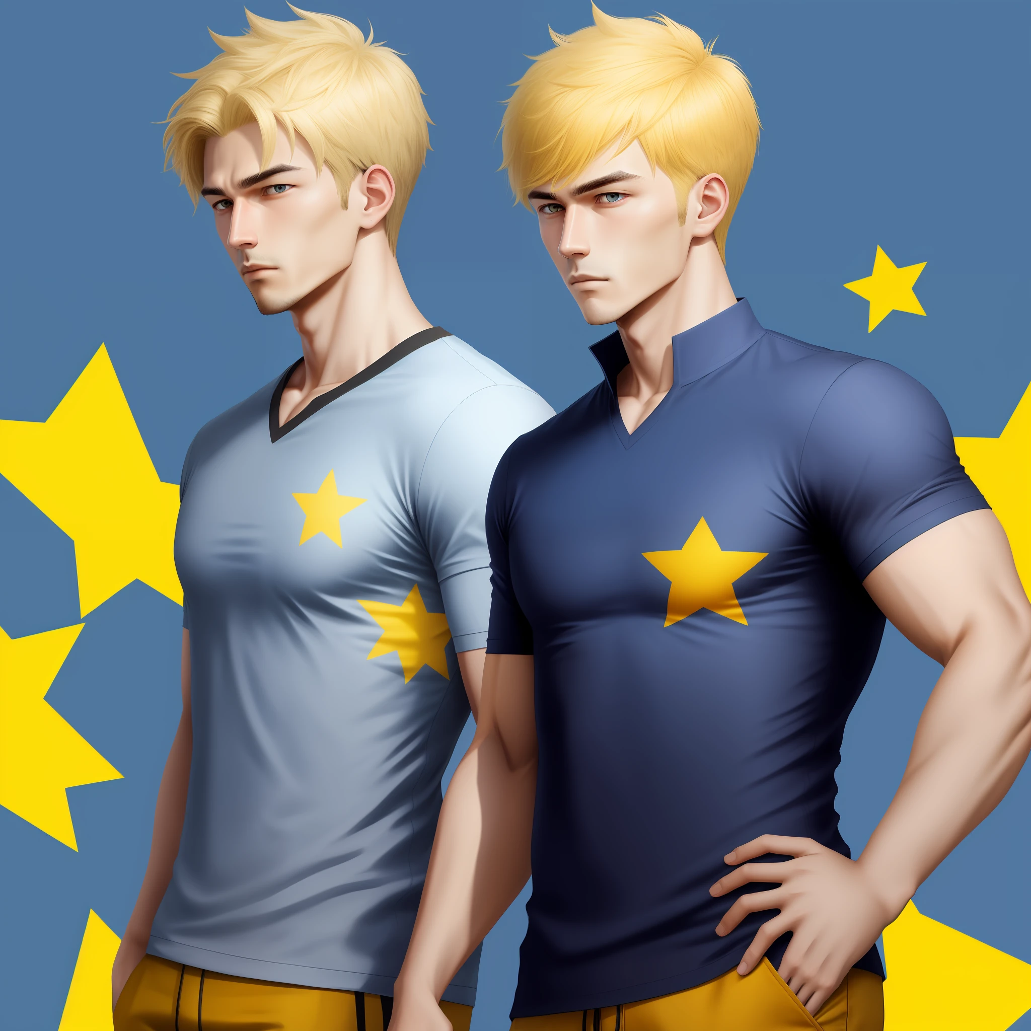 male people,Short blonde hair,Blue top with yellow star pattern,sideface