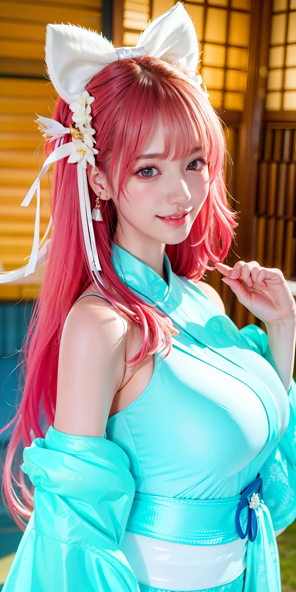 (8k, 4k, best quality, highres:1.2), (maasterpiece, realistic, photo realistic:1.37), 1girl, solo, beautiful face, eyelashes, nose, glossy lips, (detailed eyes, looking at viewer, fair skin, white skin:1.5), fine complexion, upper body,
large breasts, busty,,,
outdoor onsen,
two side up, absurdly long hair, blonde hair, pink hair, bangs, hair ornament, bow,
younger, aged down,