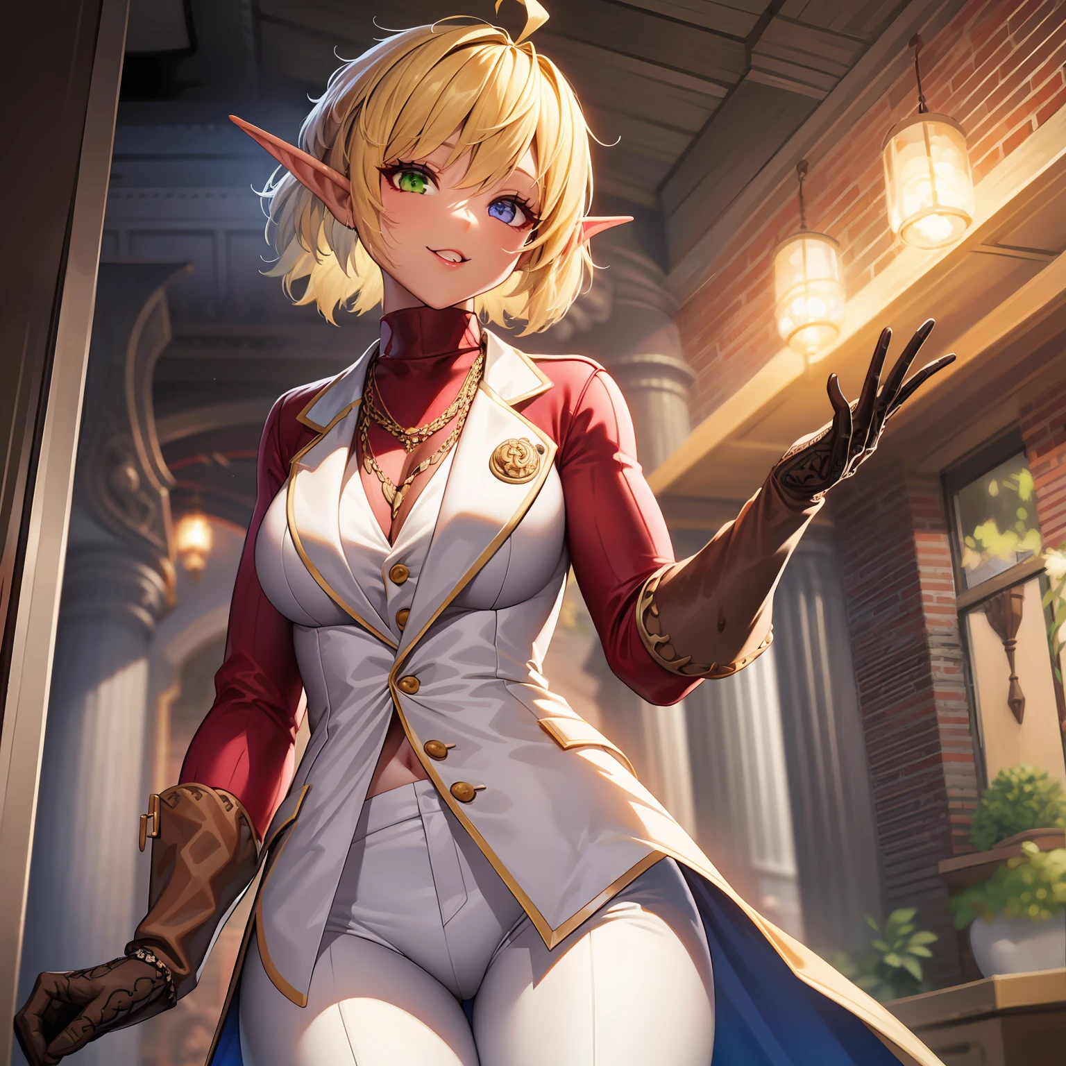 hight resolution, sharp foc, ((Eat steak)),pixiv's masterpiece, ((intricate detailes)), ighly detailed, pointy ear, Heterochromia, 独奏, blonde  hair, Green eyes, Blue Eye, Ahoge, 1girl in, shorth hair, Red Shirt, vests, Long sleeve, Brown gloves, elvish, Dark skinned, White pants、Whole human body、E-cup、Aura of Overlord、Height 170cm、