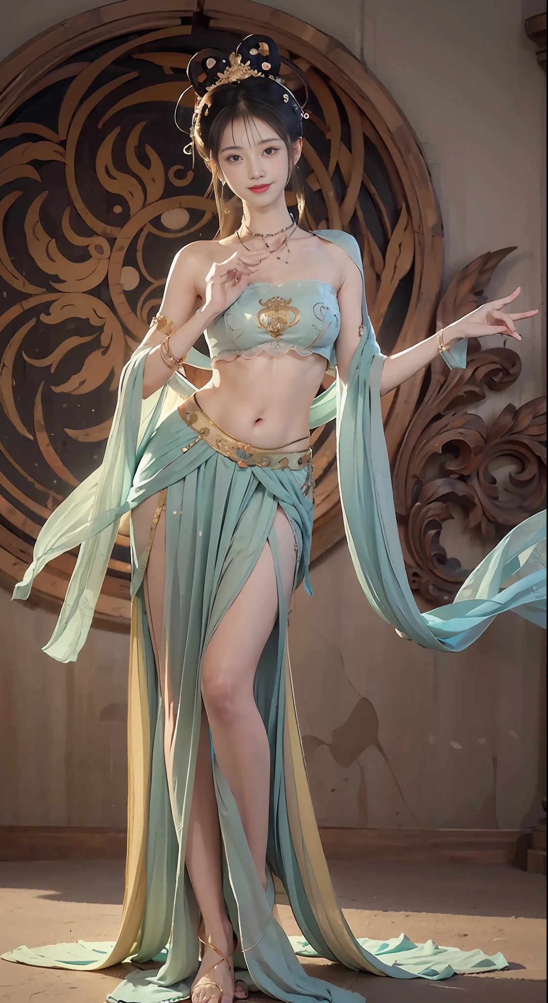 Full body photo,a beautiful female,Delicate jade feet,messy hair,s girl,Symmetrical bun,hair adornments,jewelry,The face is delicate,eye shadows,Delicate cyan top,cropped shoulders,Crop topping,showing belly,Dunhuang style,Lots of streamers,Fine fine skin,Soft light effects,Delicate and smooth hair,exquisite detailing,Eye highlights,Fair skin,Fine portrayal,Ultimate detail,Cinematic quality,being thin,slenderness,Fragmentation,hair detail,Thin bangs,Shawl hair,Correct bodies,shadowing,Air bangs,8K,Super meticulous,Fine fabric texture,softness,complaisant,Smooth texture,Dunhuang style,Delicate pattern,Correct hand drawing,smile, tsurime, Surrealism, ray tracing, UHD, high details, super detail, highres, 8k, high quality, high details, textured skin, ccurate