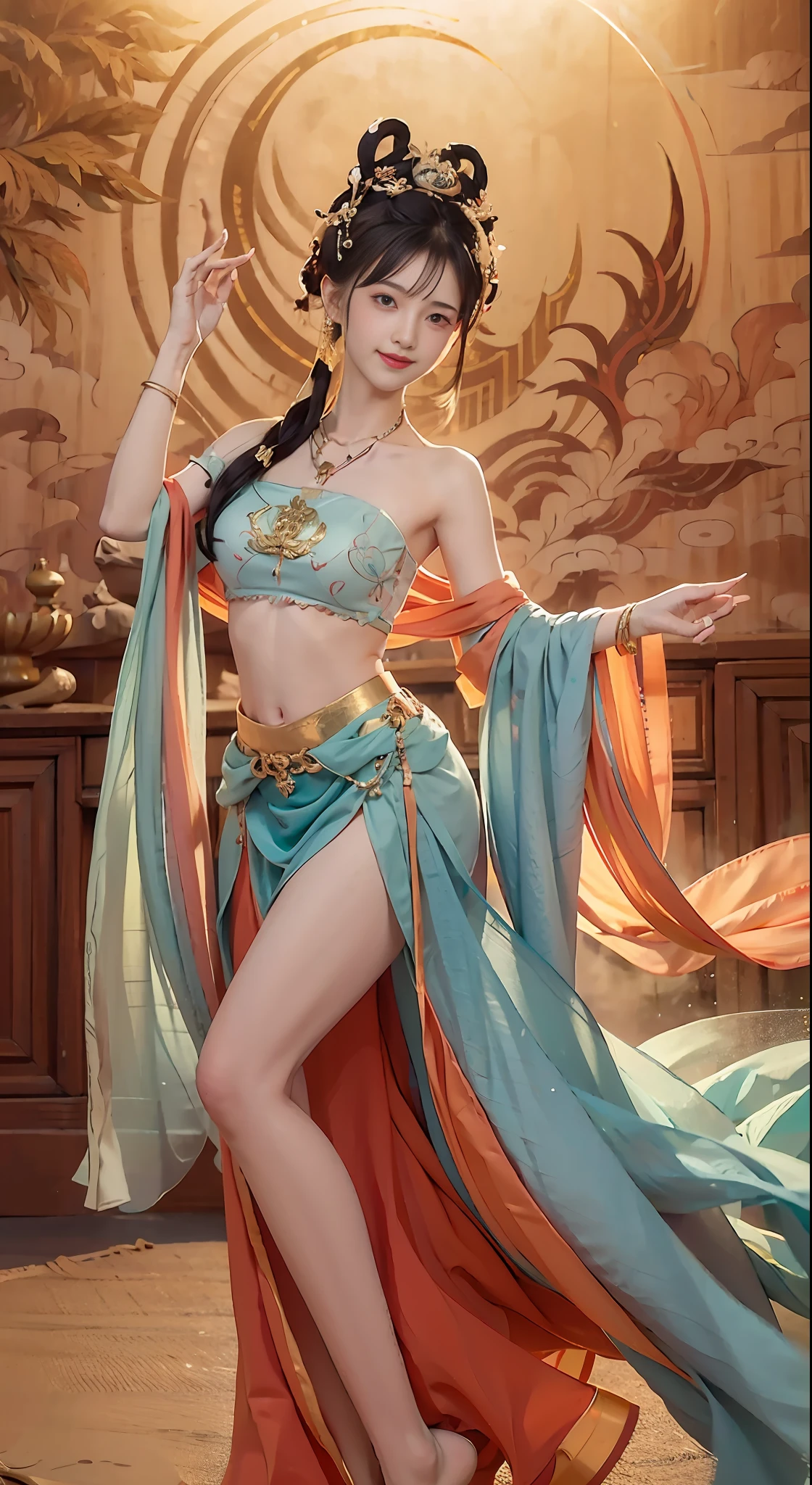 Full body photo，a  beautiful female，Delicate jade feet，messy  hair，teens girl，Symmetrical bun，hair adornments，jewelry，The face is delicate，eye shadows，Delicate cyan top，cropped shoulders，Crop topping，showing belly，Dunhuang style，Lots of streamers，Fine fine skin，Soft light effects，Delicate and smooth hair，exquisite detailing，Eye highlights，Fair skin，Fine portrayal，Ultimate detail，Cinematic quality，being thin，slenderness，Fragmentation，hair detail，Thin bangs，Shawl hair，Correct bodies，shadowing，Air bangs，8K，Super meticulous，Fine fabric texture，softness，complaisant，Smooth texture，Dunhuang style，Delicate pattern，Correct hand drawing，smile, tsurime, Surrealism, ray tracing, UHD, high details, super detail, highres, 8k, high quality, high details, textured skin, ccurate