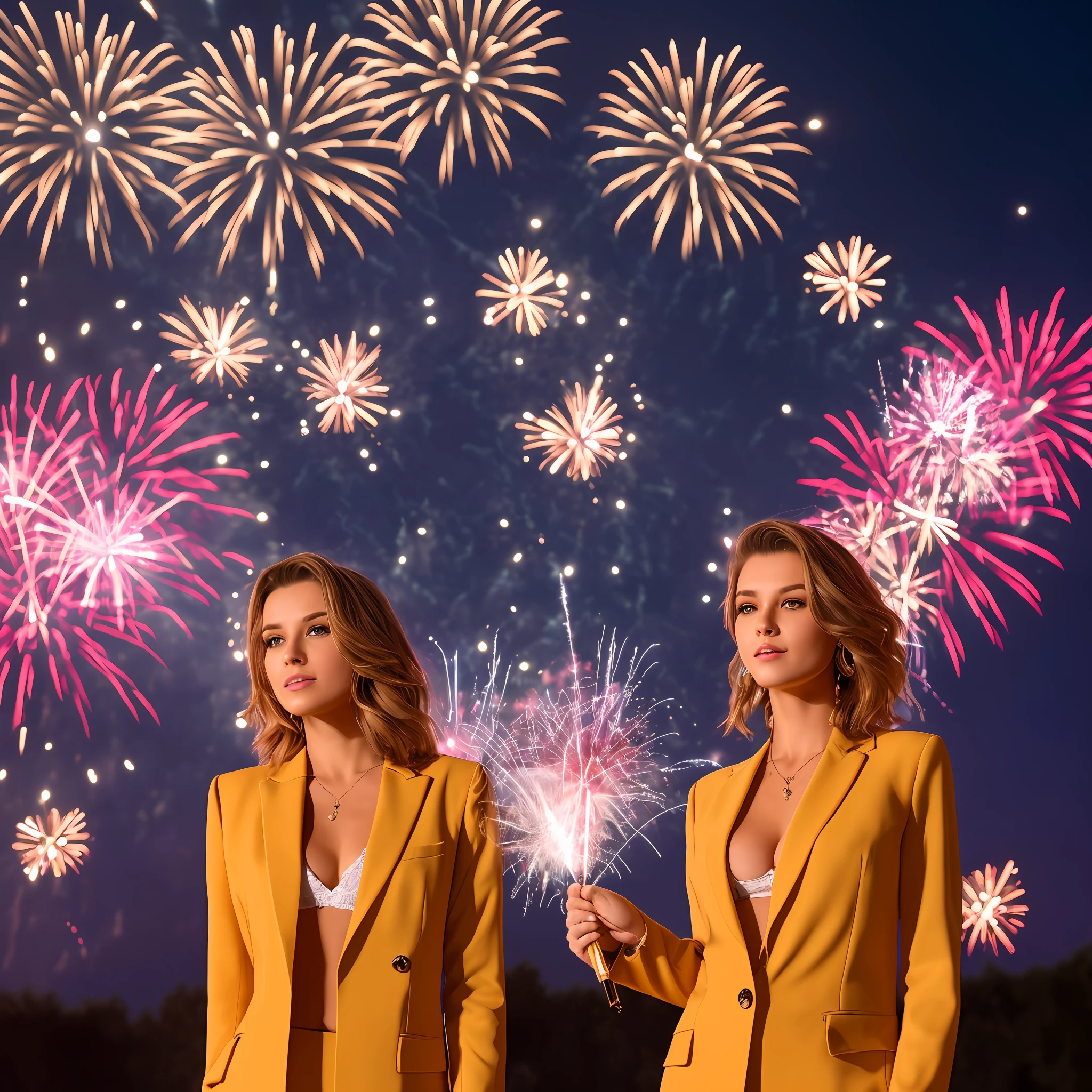 (Best Quality, 8k, 32k, Masterpiece, UHD: 1.2), photo of cute Russian woman, very large breasts, very short golden bob hair, upper body, (suit, : 1.1), background fireworks, look around --auto