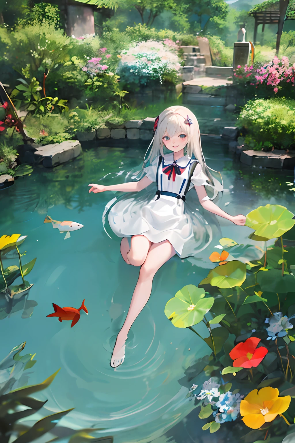 A man sits by the water，The image of the anime，About 18 years old，His legs are bare，Long blonde hair，Tiptoe on the surface of the water，The eye is a blue one，A green one，smiling at her lips，The characters are gentle and divine images，But the picture is technologically absurd