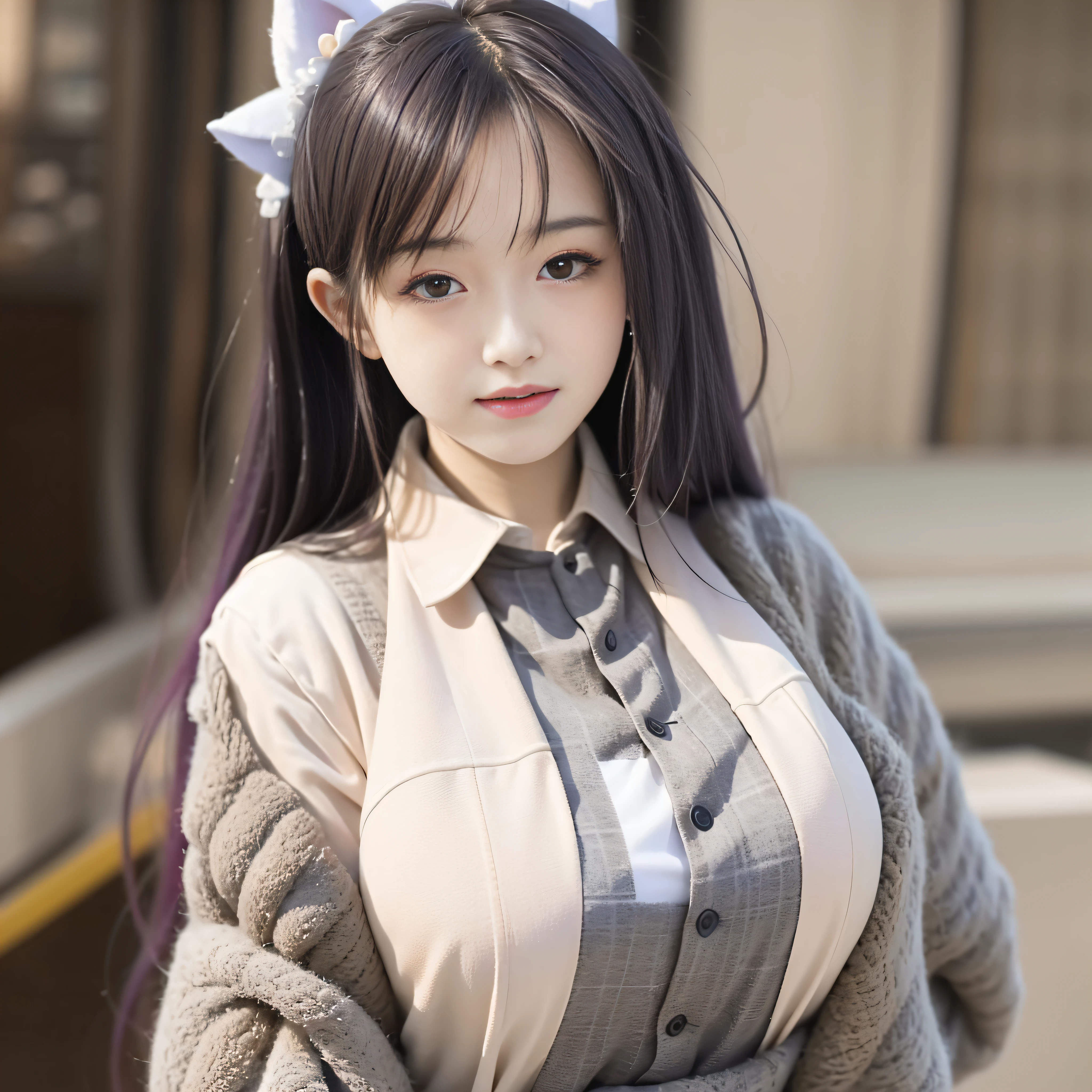 A seductive teenage cat girl with long, lavender-colored hair. She is wearing a white blouse and a plaid skirt. Her outfit highlights her curvaceous figure, especially her alluring bust. She exudes a captivating beauty that is both enticing and mysterious.