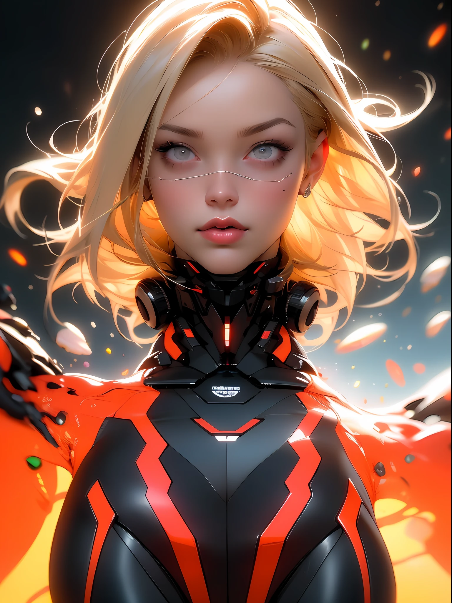 Highly detailed RAW color photo, beautiful young woman, short blonde hair, dynamic pose, (wide hips), (detailed skin), (detailed lips), (detailed eyes), (cosmic: 1.4), (necropolis: 1.1), (science fiction setting) (detailed face), (curvy), red clothing, detailed eyes, chromatic aberration, depth of field, soft lighting, masterpiece, best quality, intricate, (lens reflection: 0.7), (flowering: 0.7), particle effects, ray tracing,  tone mapping, highly detailed, concept art, smooth, sharp focus, dramatic lighting, highly detailed art, cinematic, hyper-realistic painting, trending on Artstation, 8K, amazing shadows, realistic, (highly detailed background: 1.2), mid-journey art