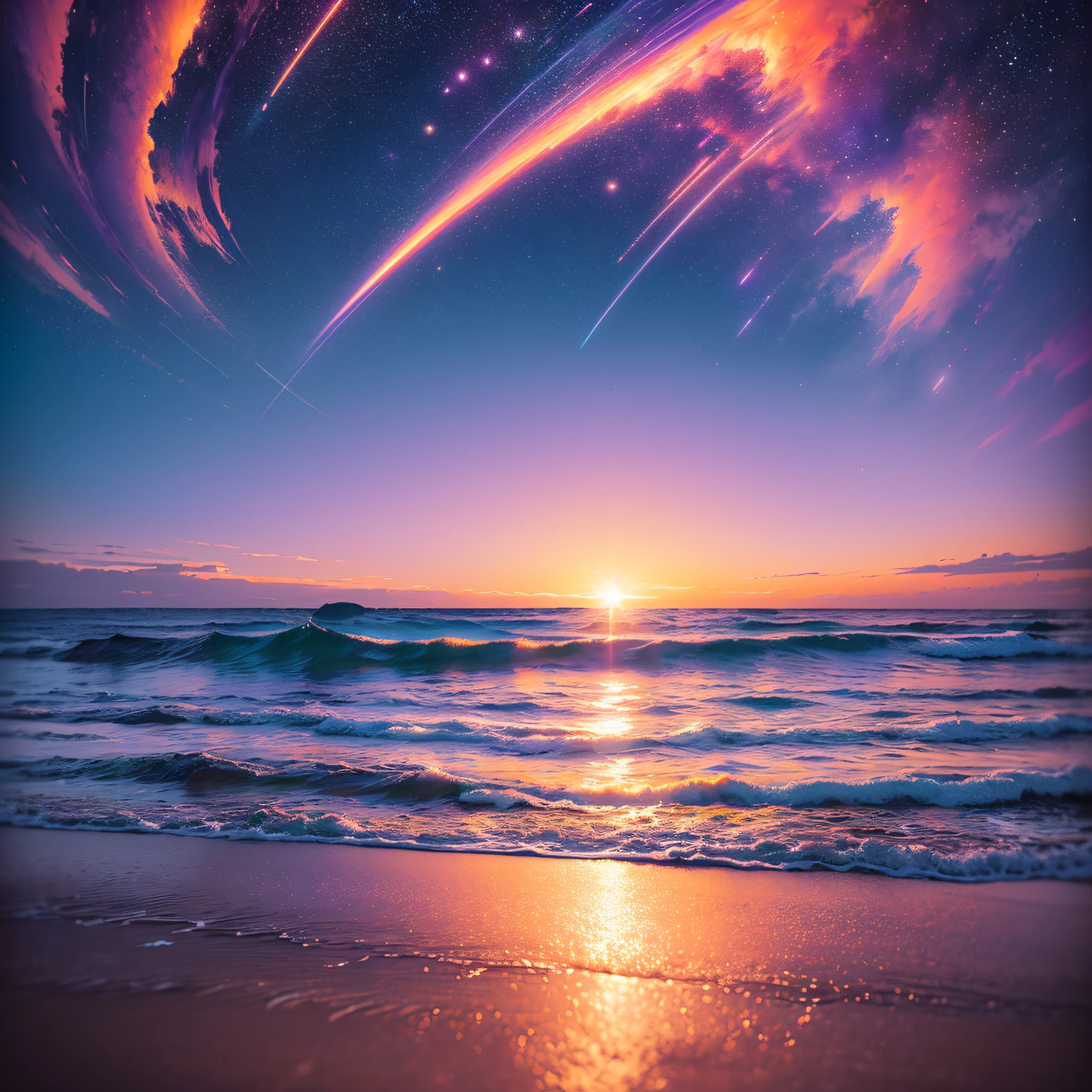 In the dark,Space background shining with stars,The sea reflects light waves,There is no human spectator,The DSLR records the next scene of the Super Century Evangelion,A tribute to a masterpiece。Ray fine tracing,Volumetric fog spreads mysteriously,At 8K Ultra HD,Presents the grandeur and grandeur of the universe。 --auto
