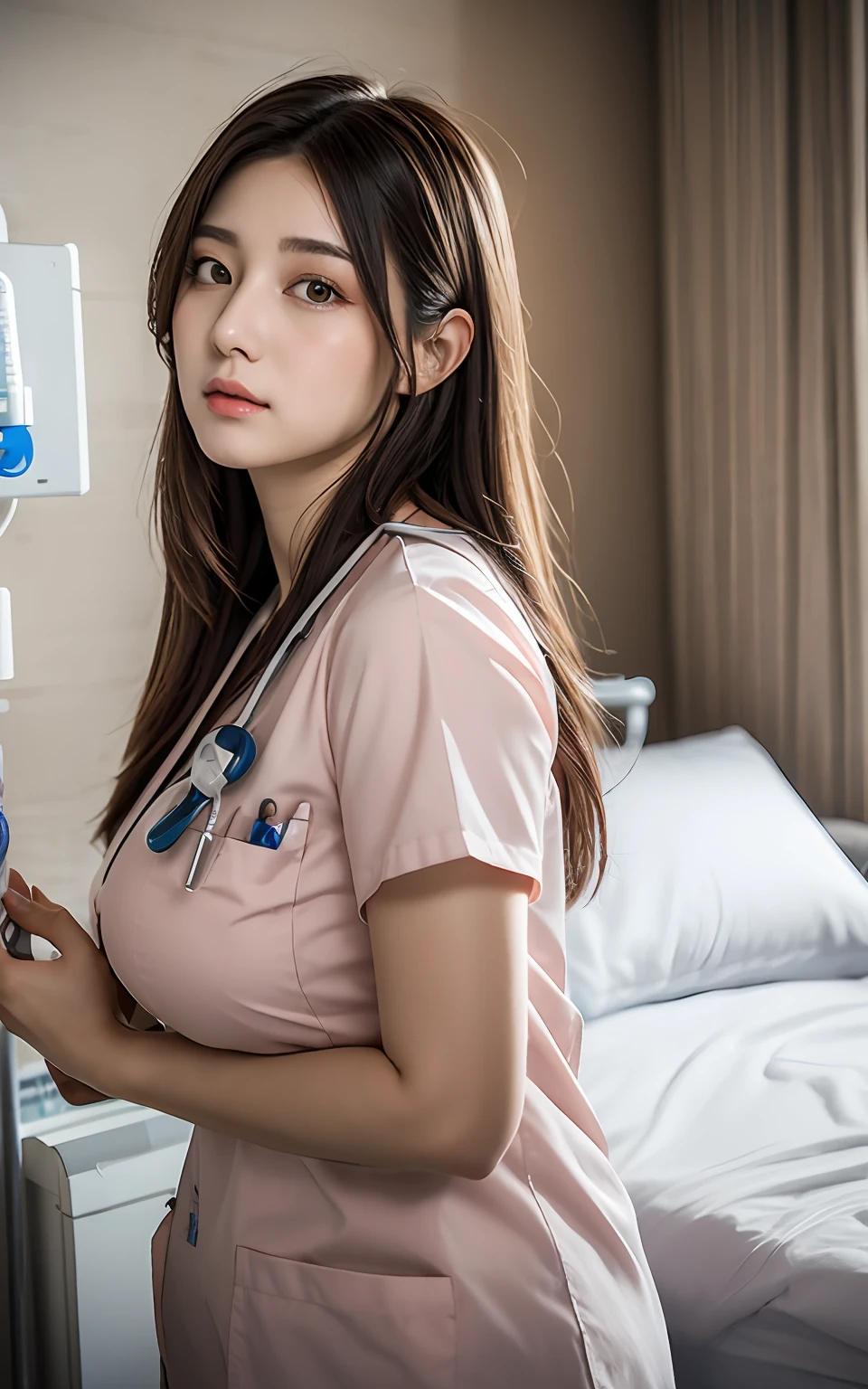 Highly detailed CG Unity 8K wallpaper, With the highest quality, super detailed, Master Piece, Realistic, photograph realistic, extremely detailed cute girl, 25 years old, ((nurse)) ,  blush , Round eyes, medium breasts, Chubby, looking viewer, cowboy shot , (standing side of a bed in a hospital)