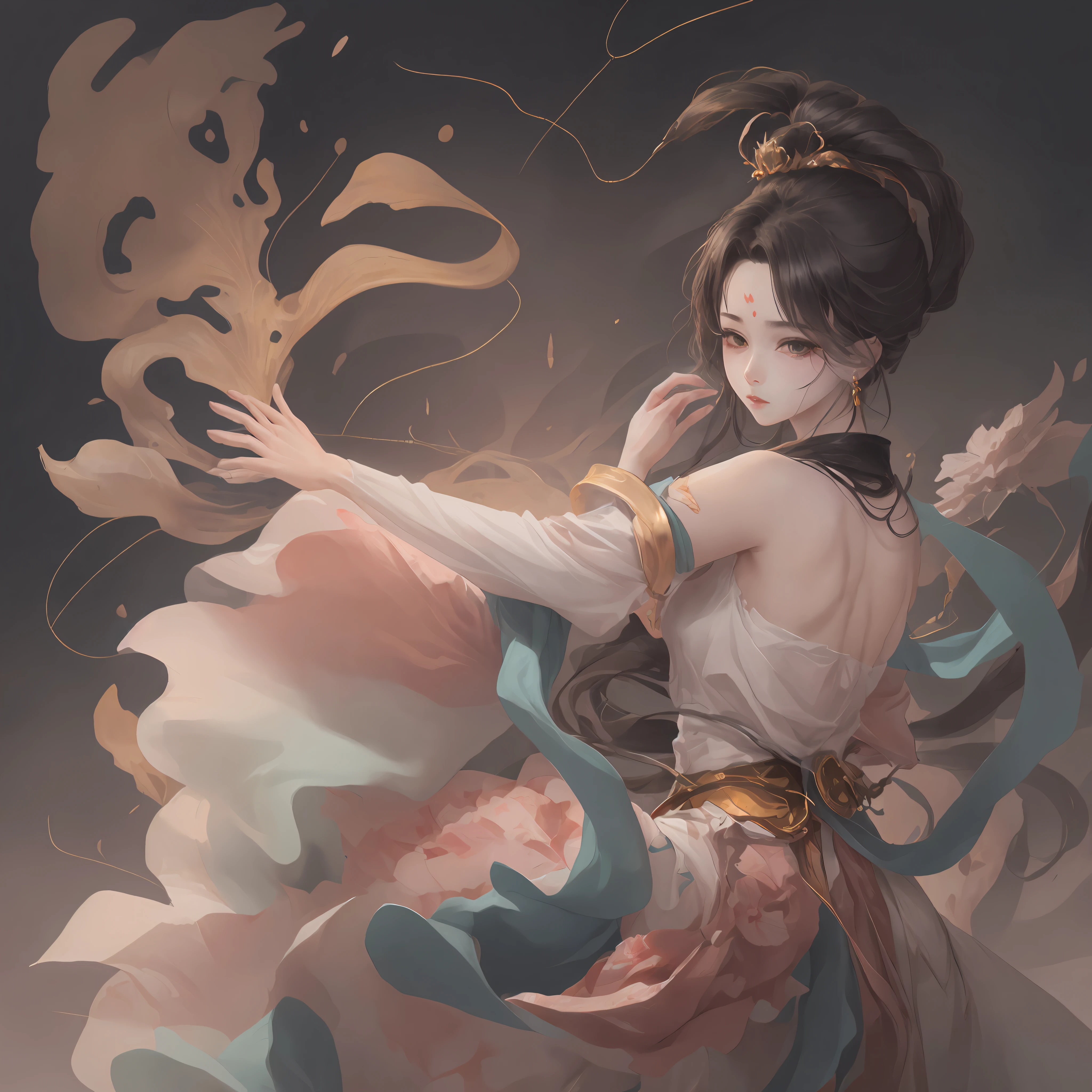 ((4k,masterpiece,best quality)), shuimobysim, Traditional chinese painting, lotuses, Hanfu, maxiskit, Dress open 1girl, solo, cabelos preto e longos, ssmile, standing on your feet, Feet in the water, The barefoot, --auto