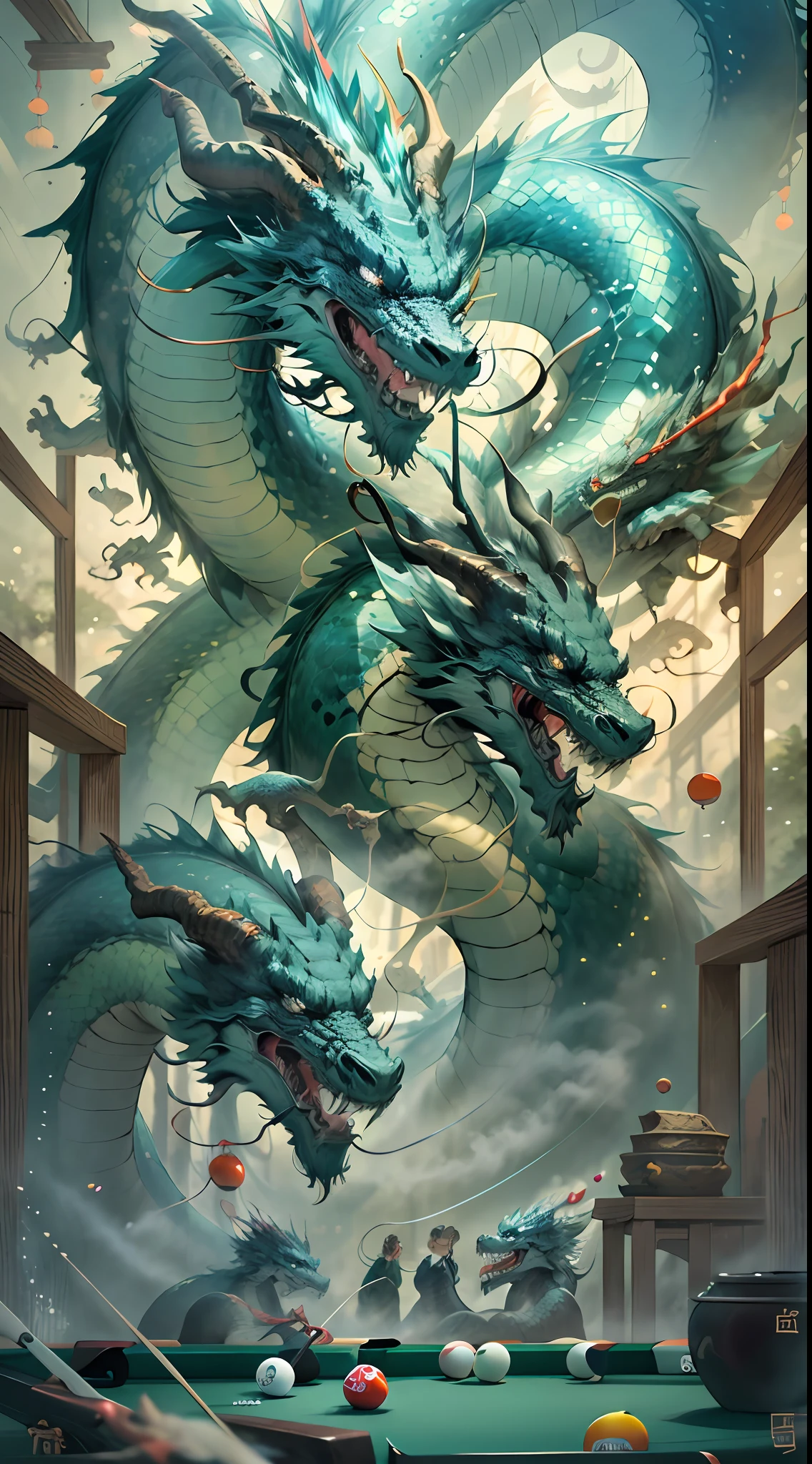 There are two Chinese dragons in the picture,They are playing billiards。One of the dragons has a longer body,The head is heavily depicted,The other dragon has a shorter body,There is a pair of winglets。You can add some palace-like backgrounds to the picture,to strengthen the Chinese style,Dragons that show ancient and rich cultural characteristics。The lighting is dominated by warm colors,to enhance the mystery and atmosphere of the scene。#chinesedragon #classical #billiards