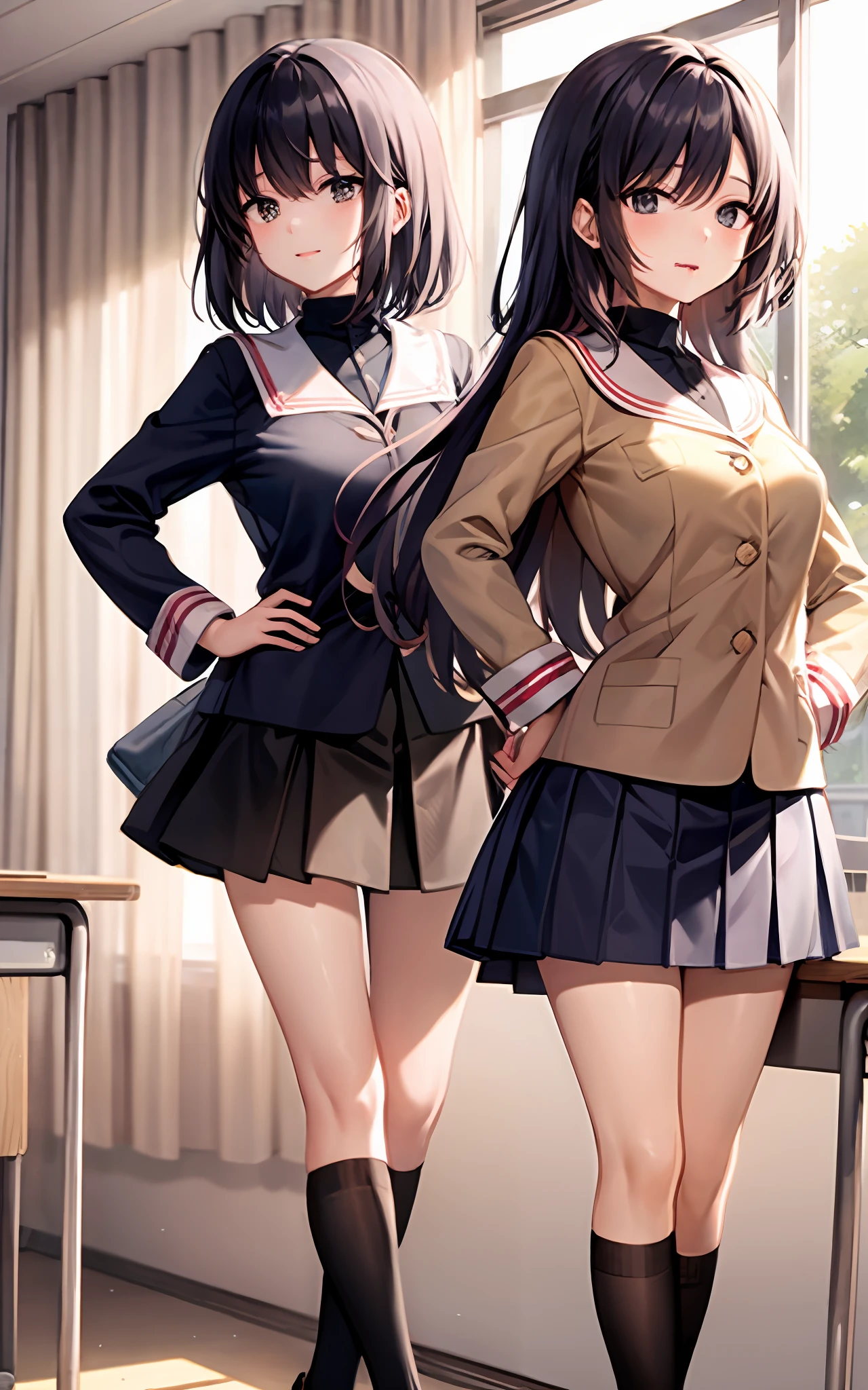 best qualtiy,A detailed, 1girll, 独奏, Classroom, inside in room, both hands on hip, Keep one's mouth shut,,Brown jacket,tiese,collared shir,校服,plaid skirts,Loafer shoes,slanty eyes,eyeslashes