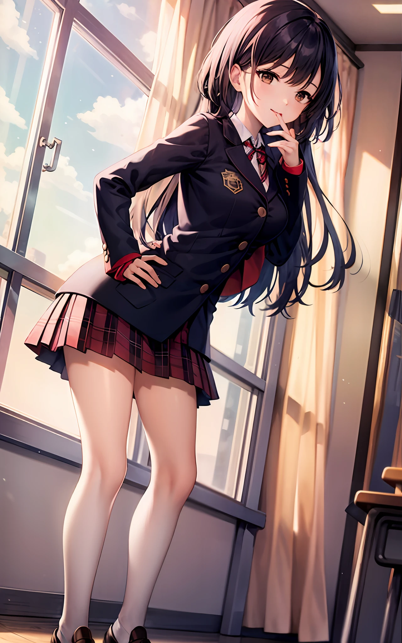 best qualtiy,A detailed, 1girll, 独奏, Classroom, inside in room, both hands on hip, Keep one's mouth shut,,Brown jacket,tiese,collared shir,校服,plaid skirts,Loafer shoes,slanty eyes,eyeslashes