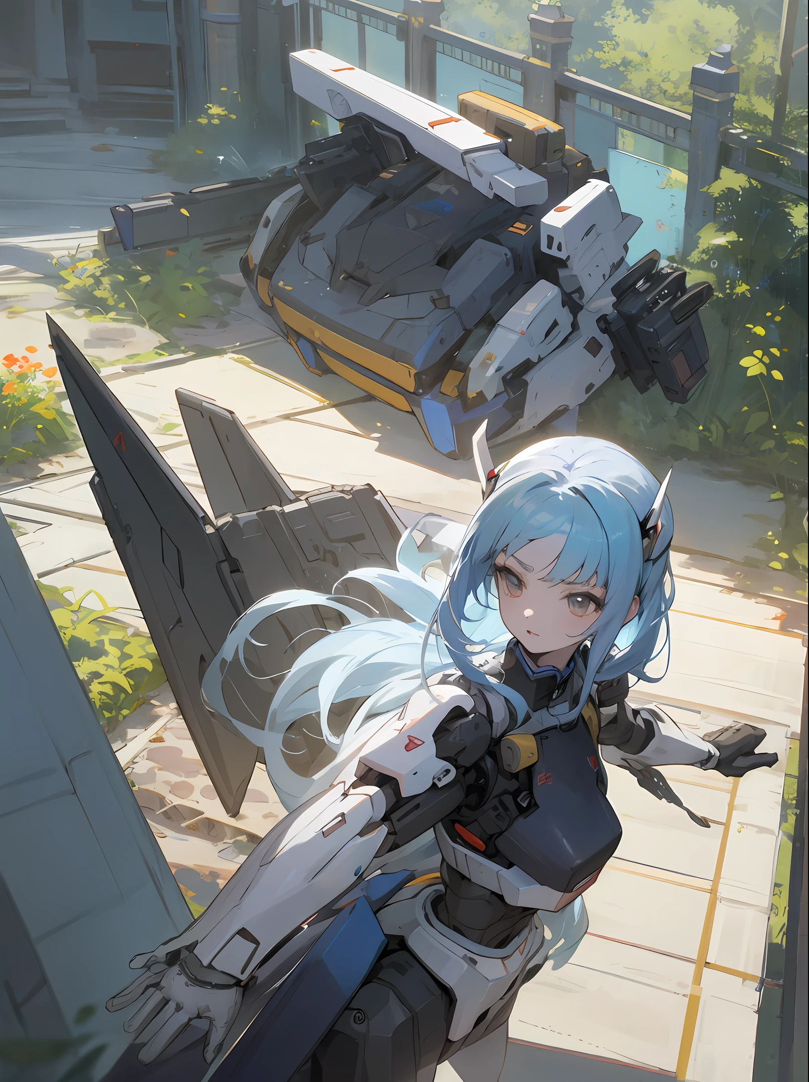 Anime girls,Pale blue hair,mechs,Blade,China-style,gardens,loft,