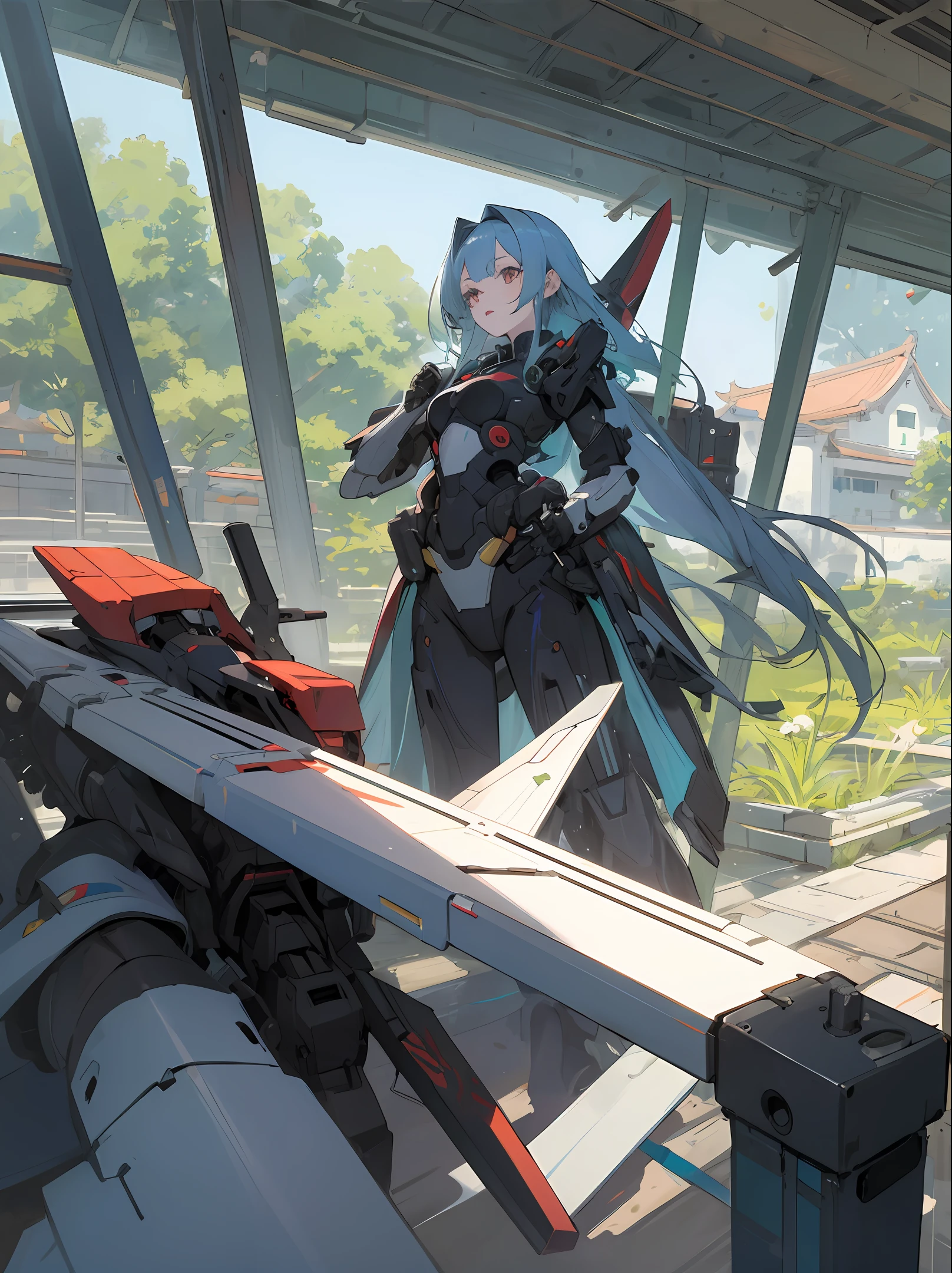 Anime girls,Pale blue hair,mechs,Blade,China-style,gardens,loft,
