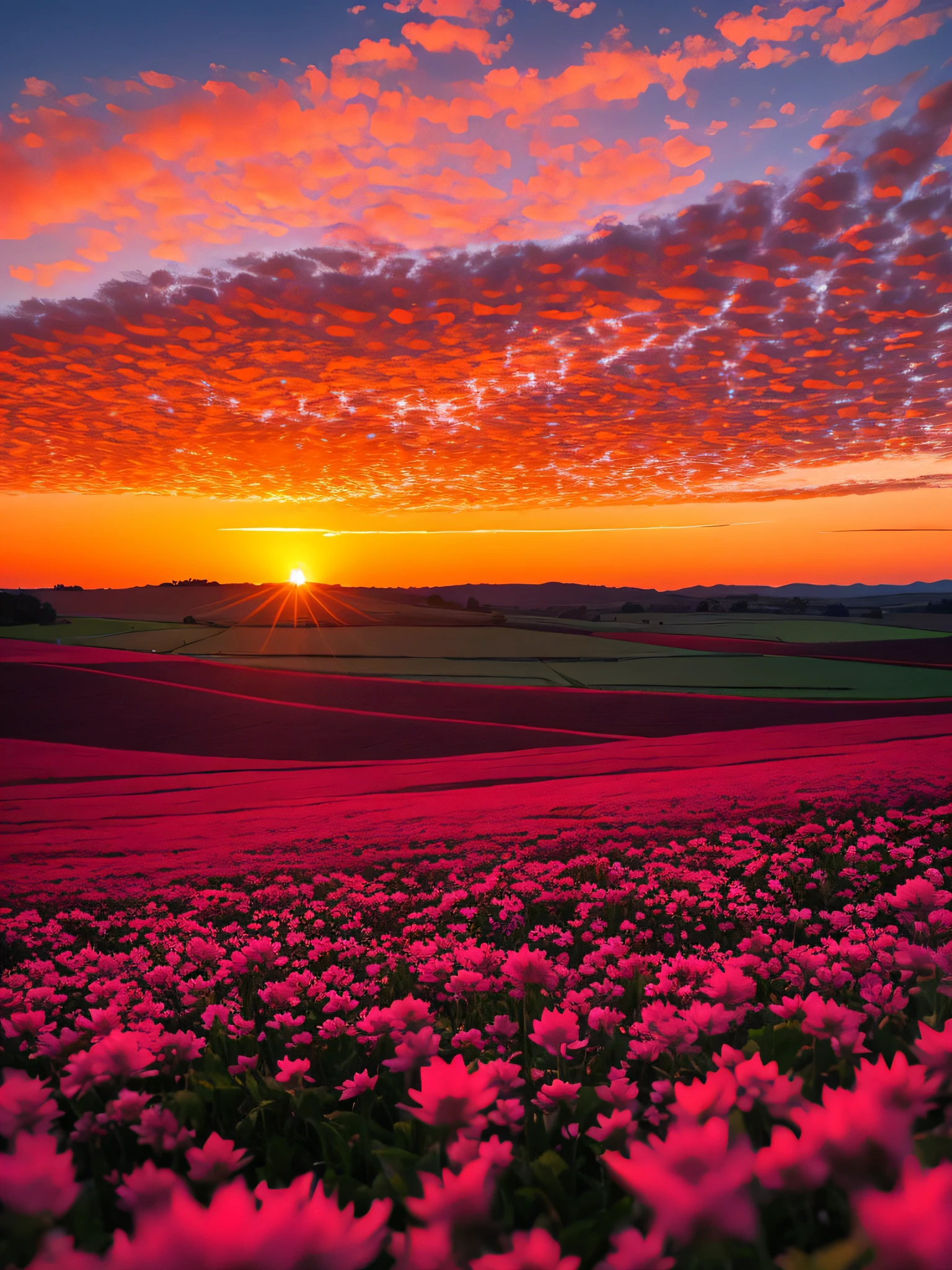 Aalfid view of a flower field，The background is sunset, Extraordinary colorful landscape, vibrant sunrise, floral sunset, beautiful sunrise, Colorful sunset, vibrant sunset, the brilliant dawn on the meadow, Beautiful sunset, Vivid landscape, beautiful sunset glow, rich picturesque colors, breathtaking landscape, amazing sunset, Bright landscape, Beautiful landscape, vivid vivid colors, warm beautiful scene