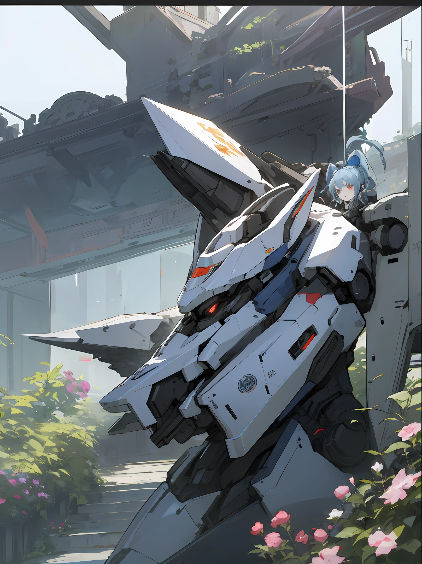 Anime girls,Pale blue hair,mechs,Blade,China-style,gardens,loft,