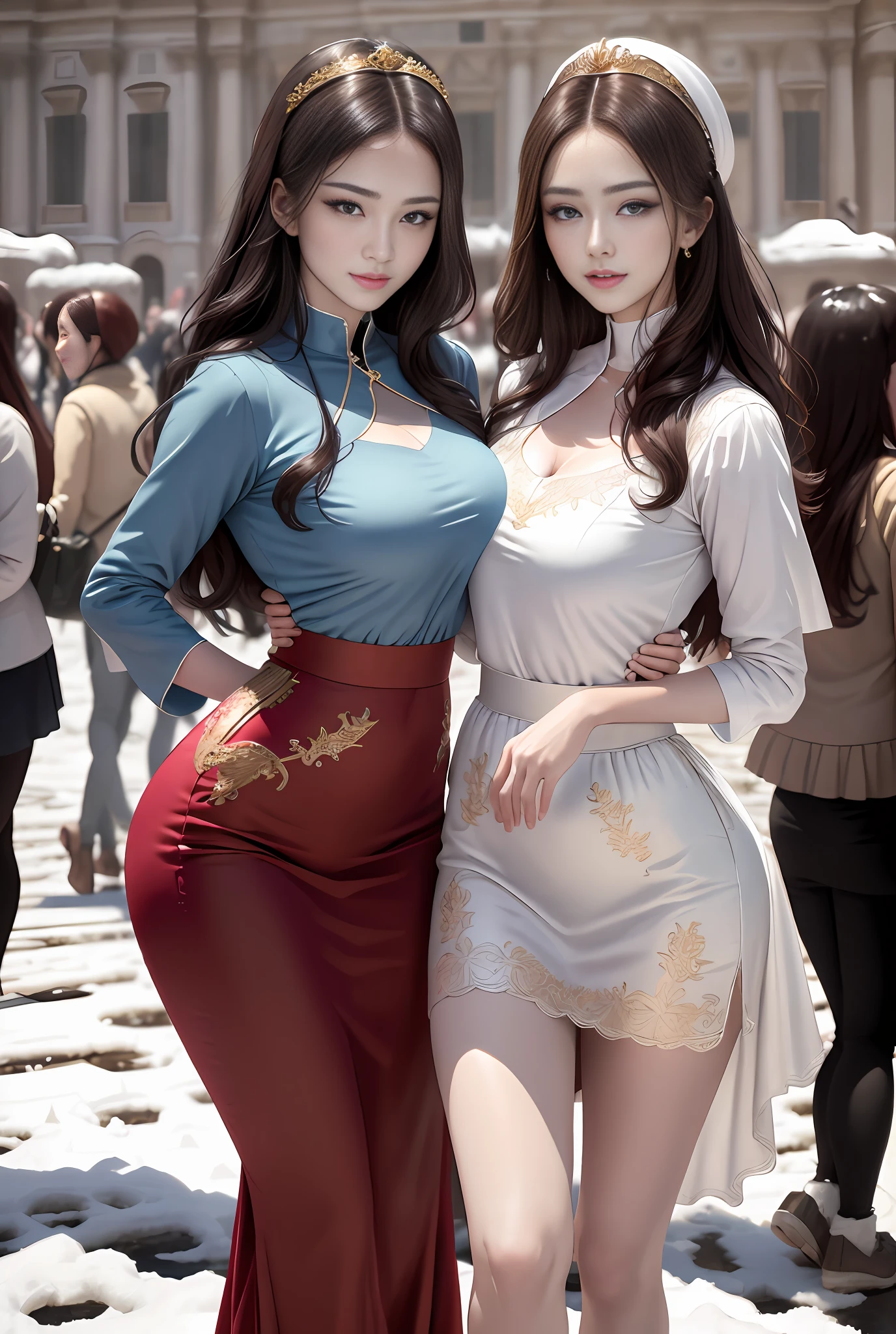 (巨作, Best quality, Realistic),
2girls,duo,winter,Snowy,(on the St. Peter's Square of Vatican,crowd of), sankta. Peter's Square of Vatican background,gypsy dress,(Princess Eyes,shiny pupils),Dancing,  gold, banquet, crowd of, picking up skirt,
[Slight smile],
