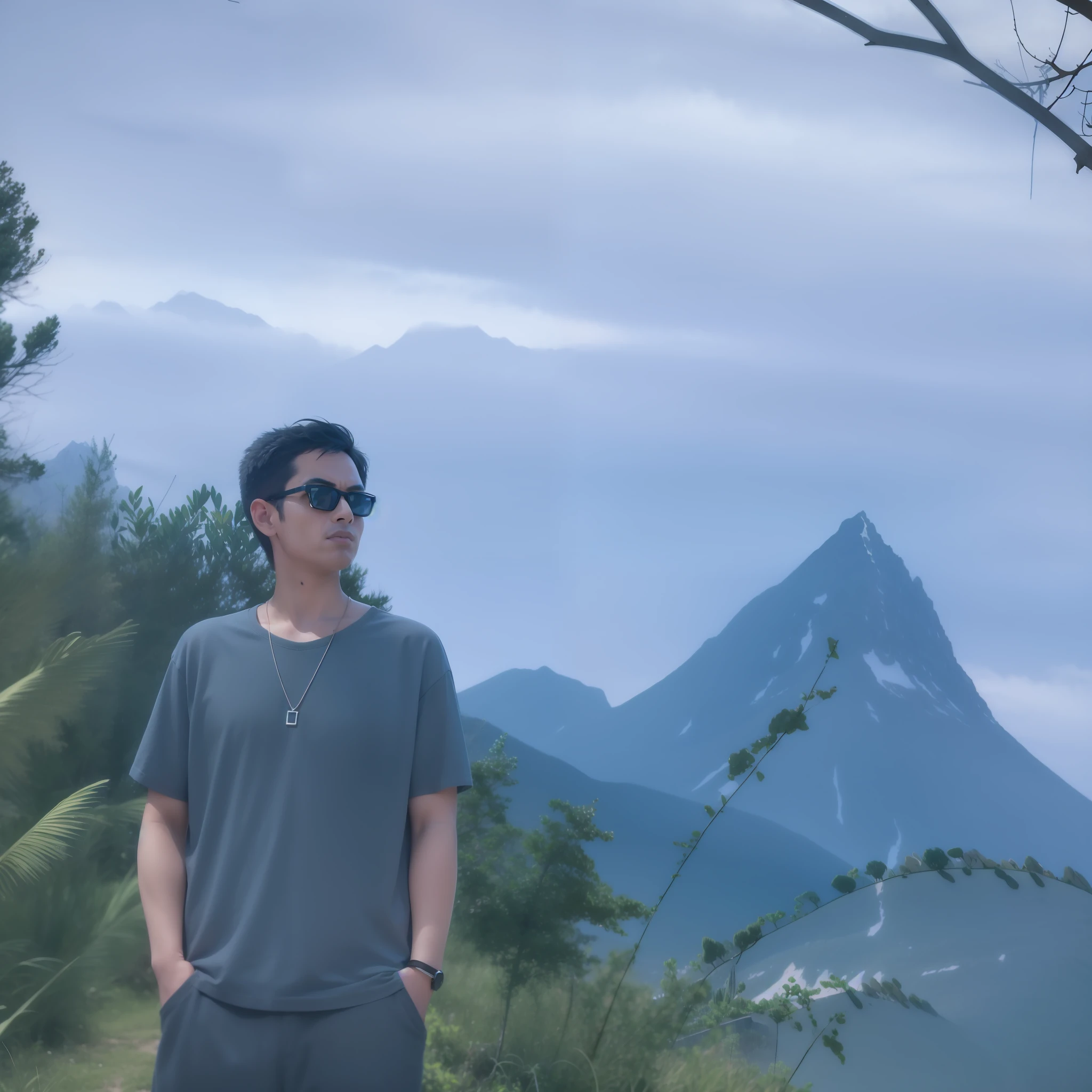 There was a man standing on the hill,The background is a mountain, Stand in front of Mt, moutain in background, mountain in background, onthe mountain, with the mountains in the background, onthe mountain, In the mountains, mountain in background, mountain in background, with the mountains in the background, onthe mountain, with the mountains in the background