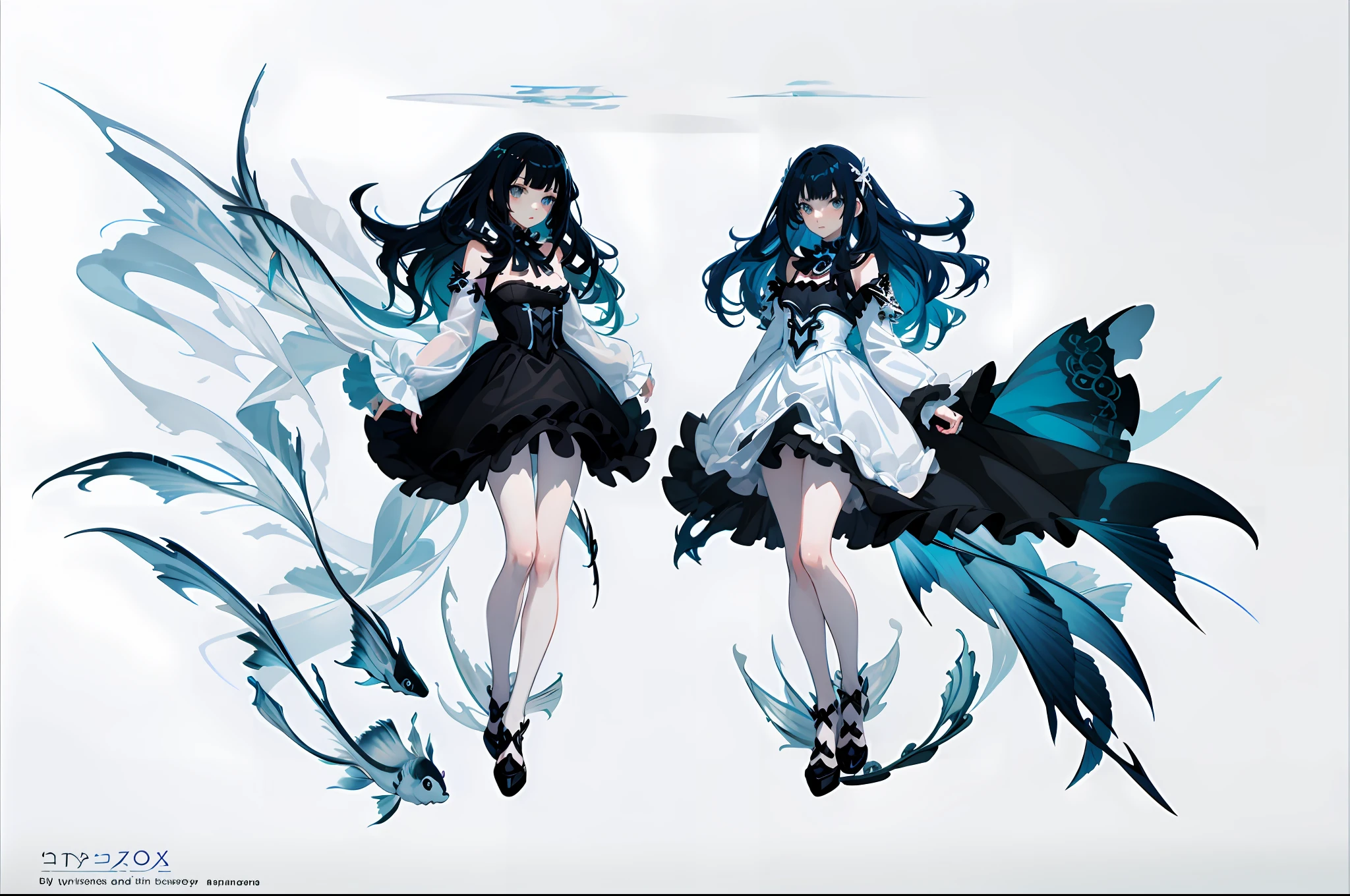 anime - style image of two women dressed in black and white, Digital art on Pixiv, trending on artstation pixiv, symetry!! concept-art, Pixiv style, High Quality Anime Art Style, anime full body illustration, pretty anime character design, beautiful full-body concept art, anime styled digital art, Anime fantasy illustration, beautiful anime art style, water sprites