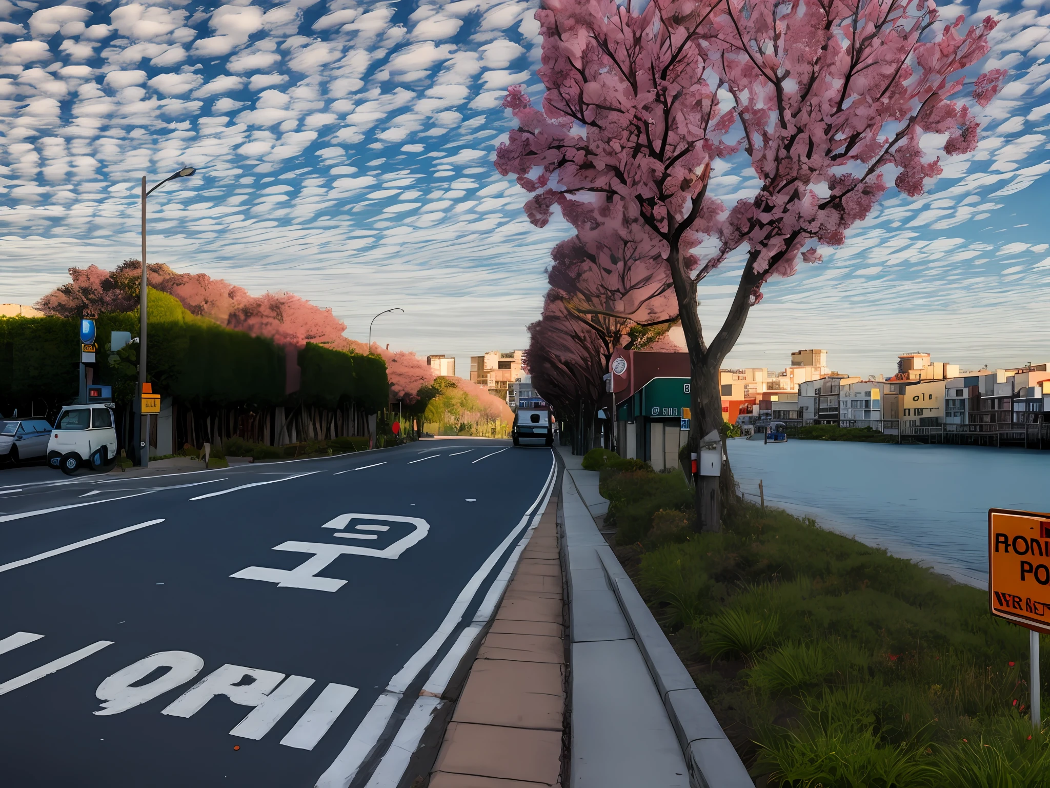 there is a sign on the side of the road that says no parking, summer street near a beach, park in background, photograph of the city street, urban view in the distance, street level view, the sea seen behind the city, empty metropolitan street, with a city in the background, in city street, view from the streets, in the middle of the city, lanscape, beautiful