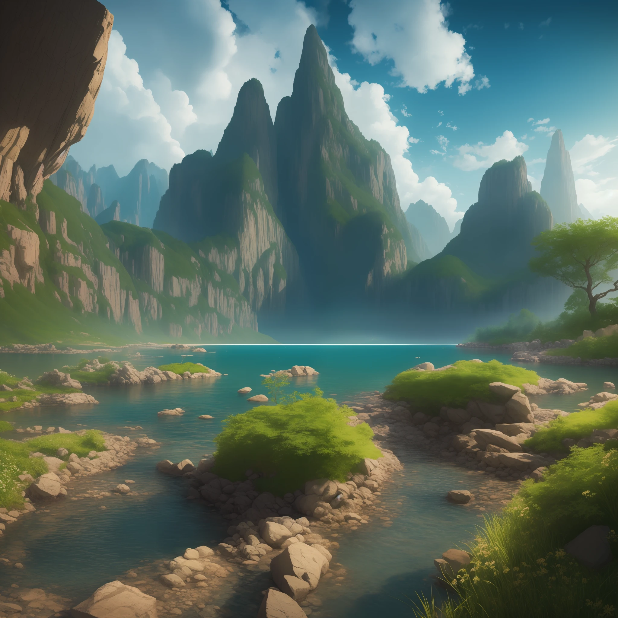 Masterpiece, best quality, high quality, extremely detailed CG unity 8k wallpaper, landscape, outdoor, sky, cloud, sky, no humans, mountain, landscape, water, tree, blue sky, waterfall, cliff, nature, lake, river , cloudy skies, award winning photography, bokeh, depth of field, HDR, bloom, chromatic aberration, photorealism, very detailed, trending on artstation, trending on CGsociety, intricate, high detail, dramatic, midjourney art