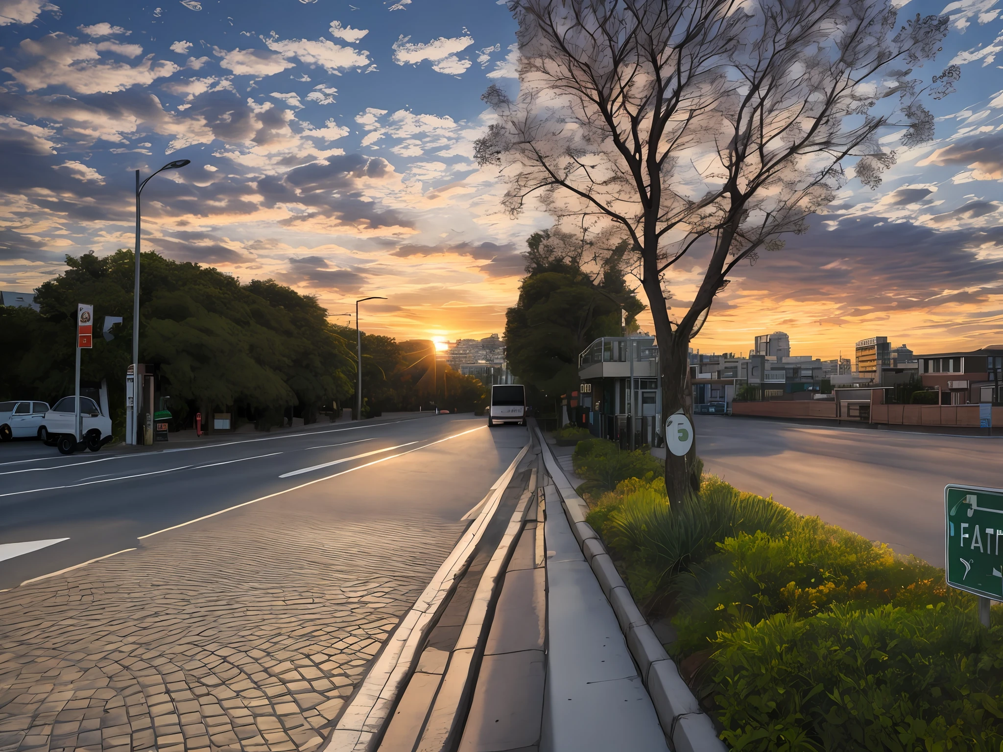 there is a sign on the side of the road that says no parking, summer street near a beach, park in background, photograph of the city street, urban view in the distance, street level view, the sea seen behind the city, empty metropolitan street, with a city in the background, in city street, view from the streets, in the middle of the city, lanscape, beautiful