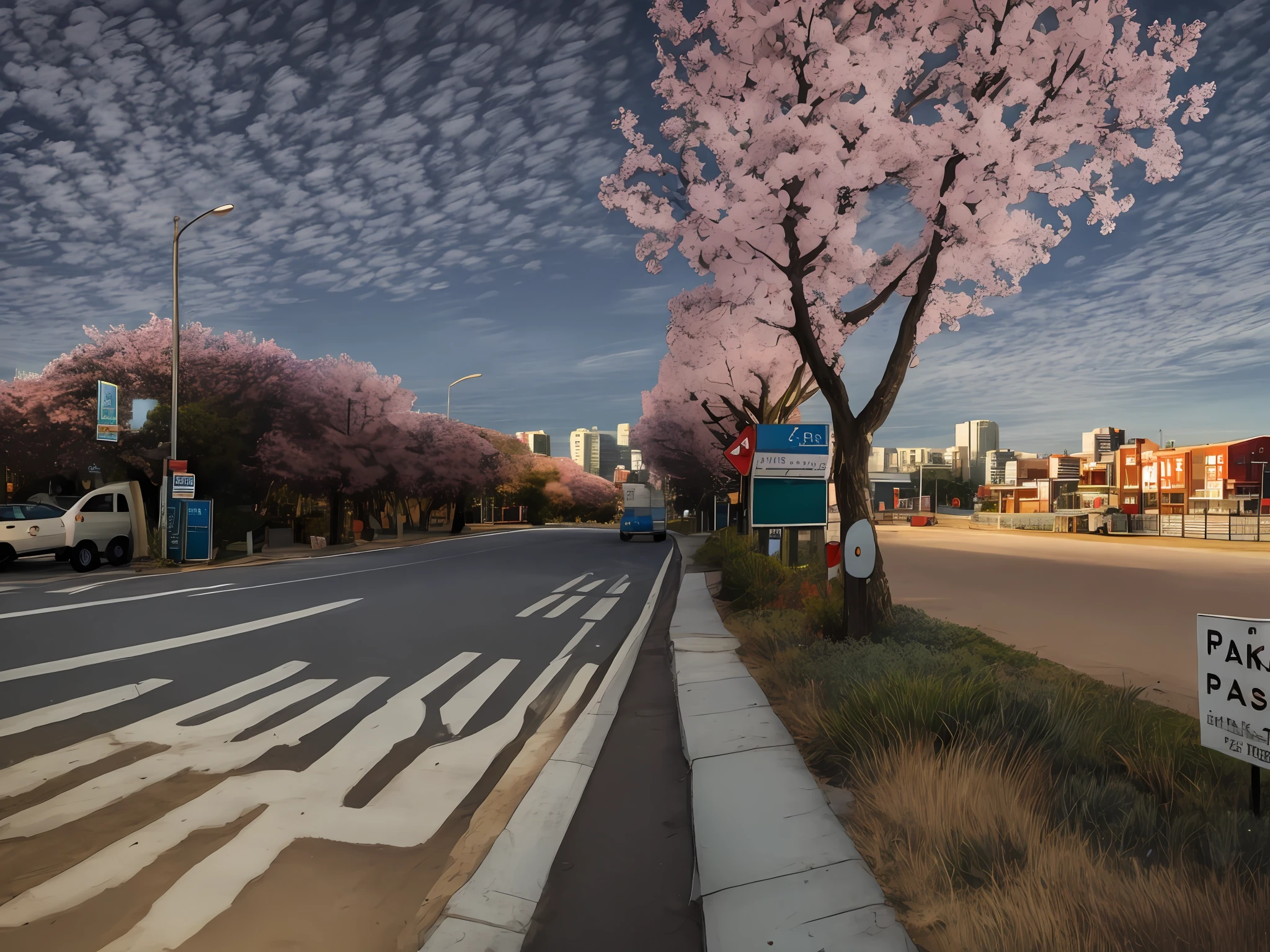 there is a sign on the side of the road that says no parking, summer street near a beach, park in background, photograph of the city street, urban view in the distance, street level view, the sea seen behind the city, empty metropolitan street, with a city in the background, in city street, view from the streets, in the middle of the city, lanscape, beautiful