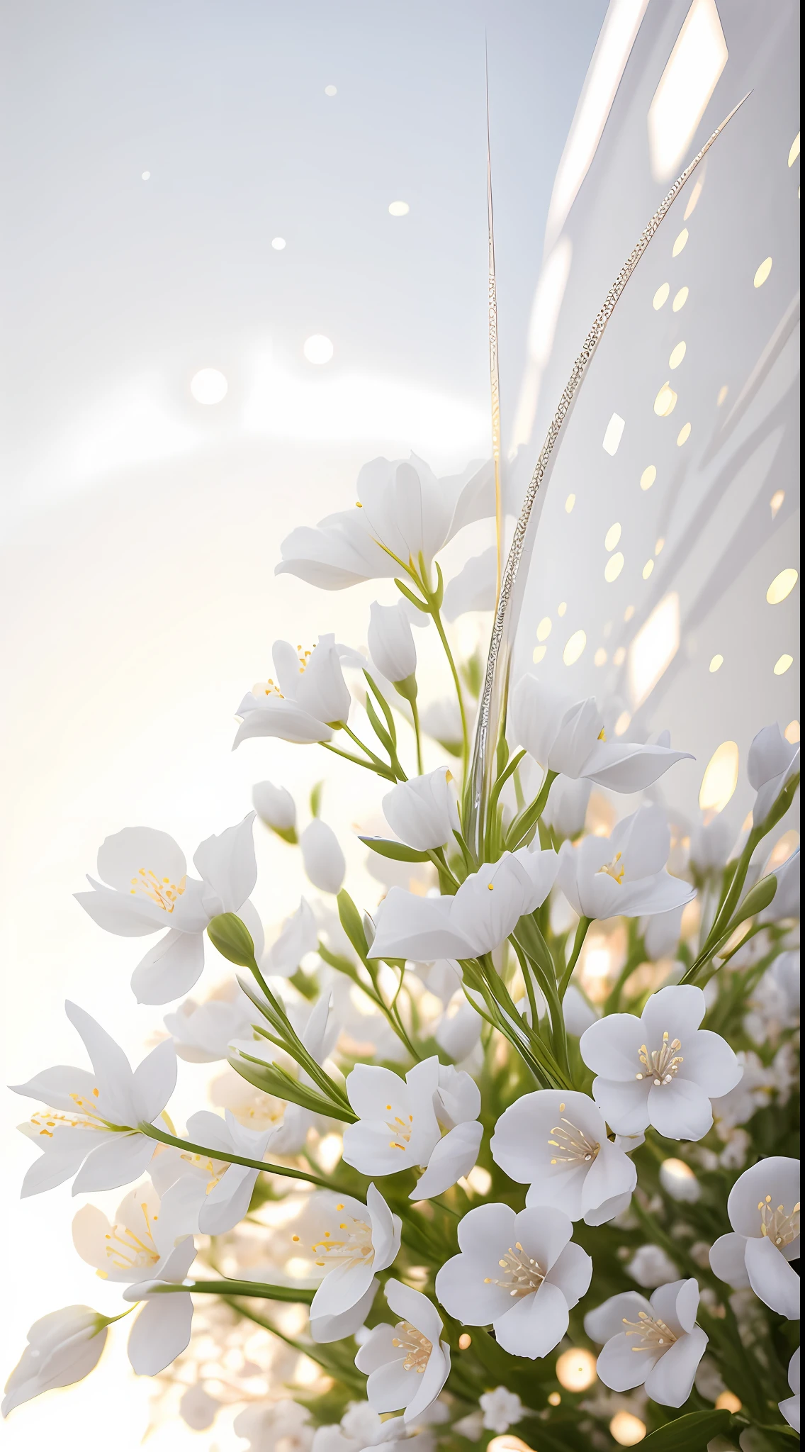 A bouquet of white plum blossoms, ultra-transparent, holy light, beautiful spectral light, dew on petals, twinkle, morning background, transparent droplets, reflected light, bright, light flowing inward, optical, portrait silhouette, sharp focus, magical, intricate, surrealism, fantasy, composition, light, art station trend, pearl, silver patronus cloud pair, caustic surround ray family 16k, ureal ar 23v4 uplight