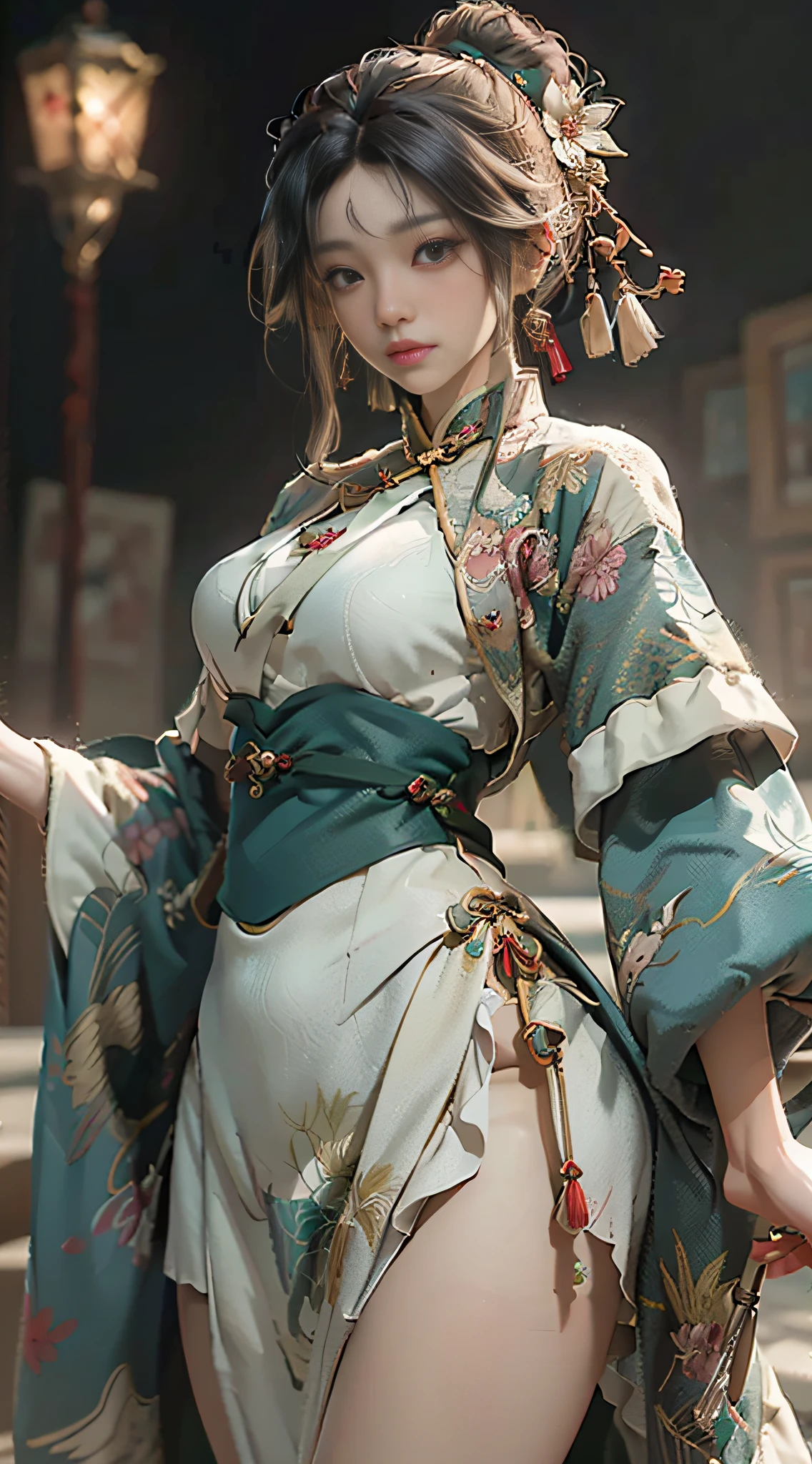 ((Best Quality)), ((Masterpiece)), (Details: 1.4), 3D, A Beautiful Female Figure, HDR (High Dynamic Range), Ancient Chinese Costumes, Satin Clothing, Feminine and Sexy, White Cheongsam, Green Hair Accessories, Tassel Earrings, Ray Tracing, NVIDIA RTX, Super-Resolution, Unreal 5, Subsurface Scattering, PBR Textures, Post Processing, Anisotropic Filtering, Depth of Field, Maximum Sharpness and Clarity, Multi-layer textures, albedo and specular mapping, surface shading, accurate simulation of light-material interactions, perfect proportions, Octane Render, two-color light, large aperture, low ISO, white balance, rule of thirds, 8K RAW,