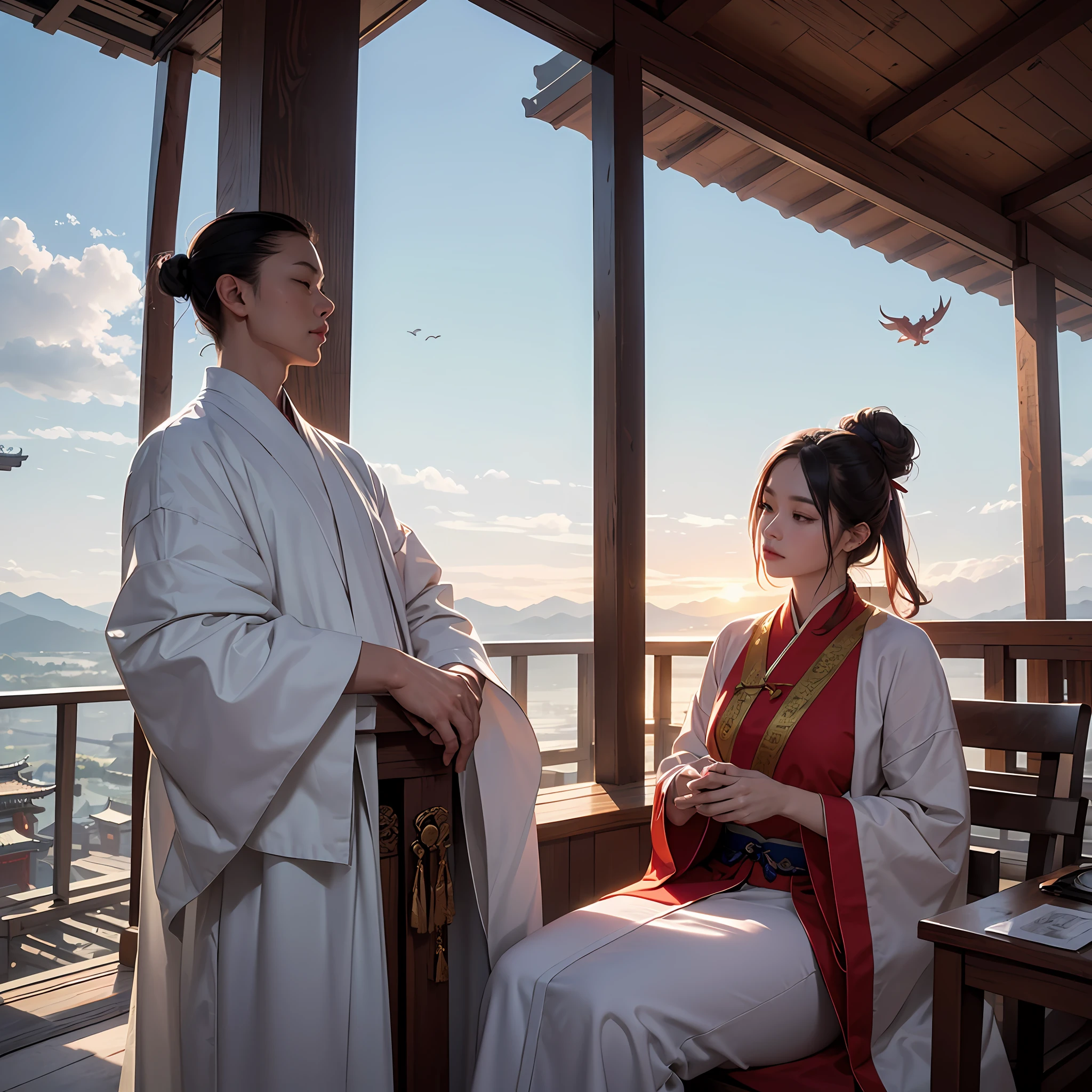 (RAW Photo, Best Quality), (Realistic, Photo Realistic: 1.3), Extremely Refined and Beautiful, Amazing, Fine Detail, Masterpiece, Ultra Detail, High Resolution, (Best Illustration), (Best Shadow), Intricate,
A beautiful female Taoist priest dressed in a white see-through robe and in a bun sits on the eaves of the Taoist temple, overlooking the monks meditating below. In the distance there are pavilions, towers and distant mountains, decorated with floating clouds, (dragon in the background: 1.3), sunset, storm,
Clear focus, volumetric fog, 8k UHD, DSLR, high quality, (film grain: 1.4), Fujifilm XT3, --auto