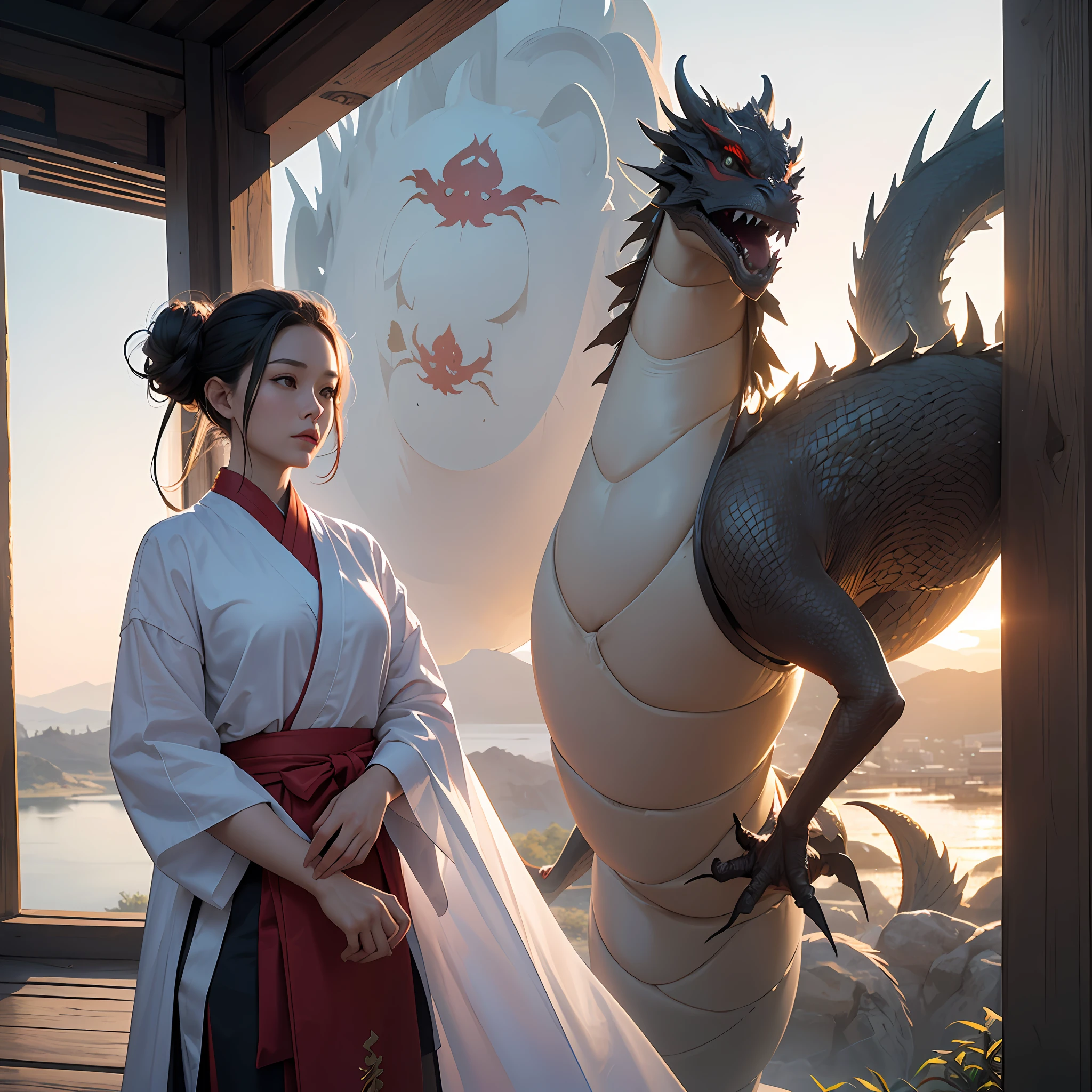 (RAW Photo, Best Quality), (Realistic, Photo Realistic: 1.3), Extremely Refined and Beautiful, Amazing, Fine Detail, Masterpiece, Ultra Detail, High Resolution, (Best Illustration), (Best Shadow), Intricate,
A beautiful female Taoist priest dressed in a white see-through robe and in a bun sits on the eaves of the Taoist temple, overlooking the monks meditating below. In the distance there are pavilions, towers and distant mountains, decorated with floating clouds, (dragon in the background: 1.3), sunset, storm,
Clear focus, volumetric fog, 8k UHD, DSLR, high quality, (film grain: 1.4), Fujifilm XT3, --auto