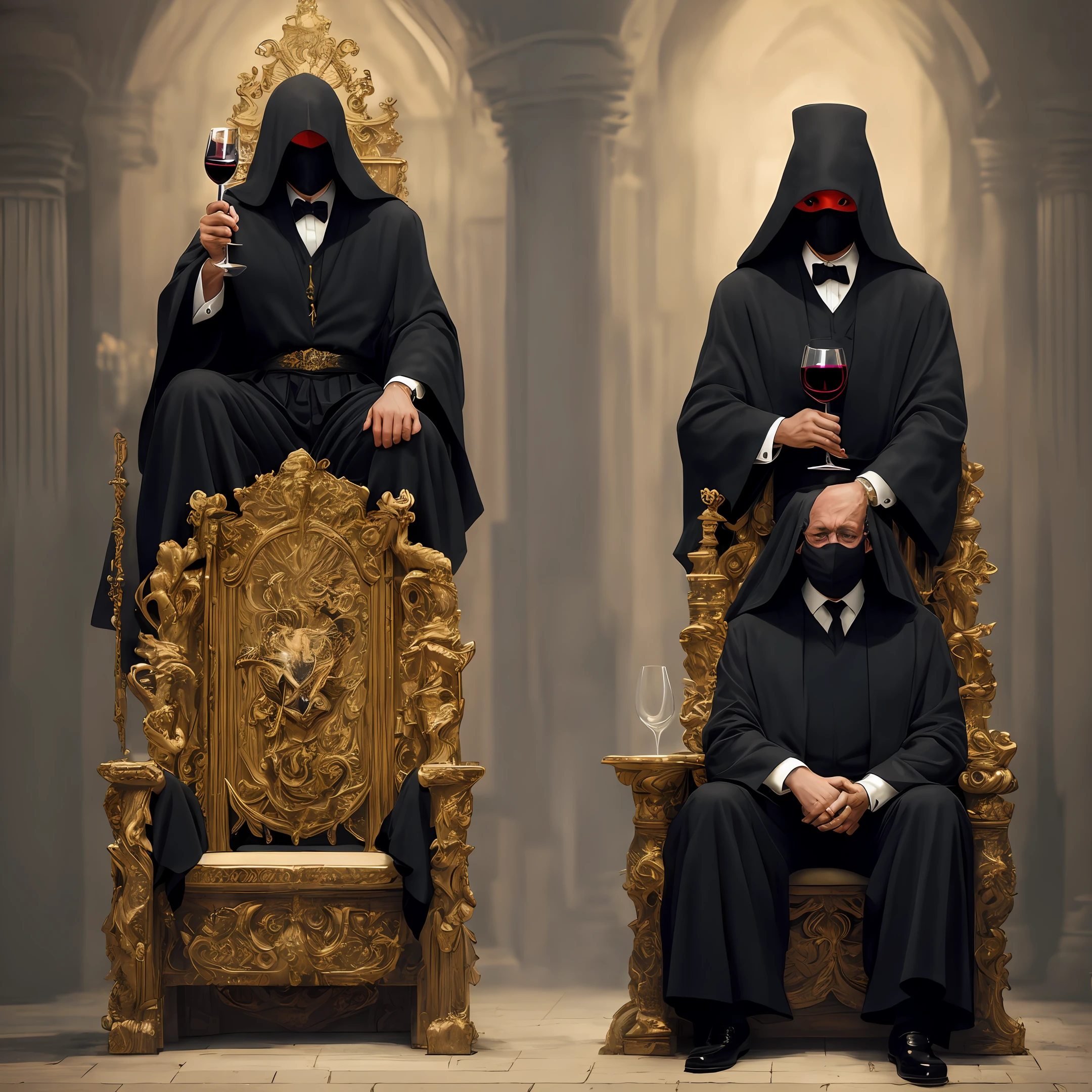 Dungeon A black-robed man sits on a throne with a hat covering his face and holds a red wine glass in his hand
