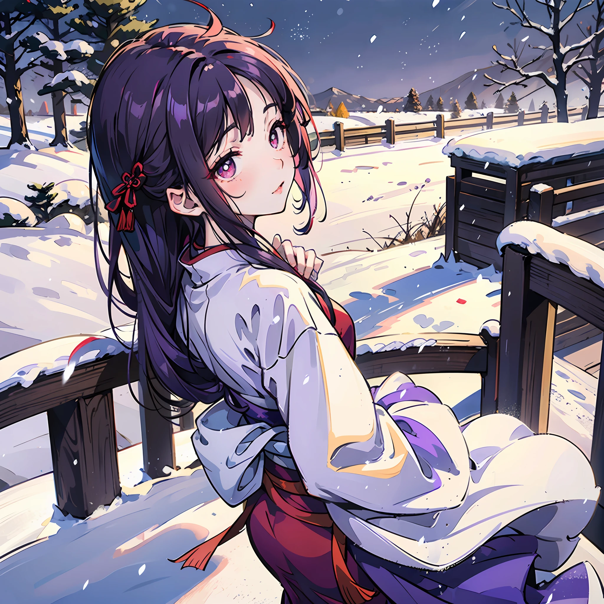 A purple hair，Close-up of a girl with red pupils，wearing a hanfu，Snow in the background，The handrail looked back --auto