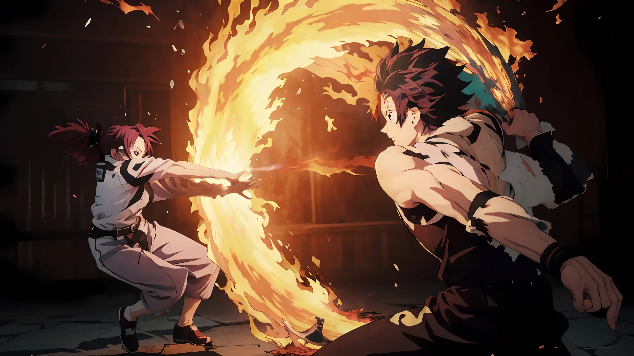 anime characters are fighting with fire in a dark room, kimetsu no yaiba, today's featured anime still, blazing infero, screenshot from black clover, 2 0 1 9 anime screenshot, fire!! full body, anime fight, official studio anime still, seven deadly sins anime, screenshot from the anime film, fire powers fire swirling