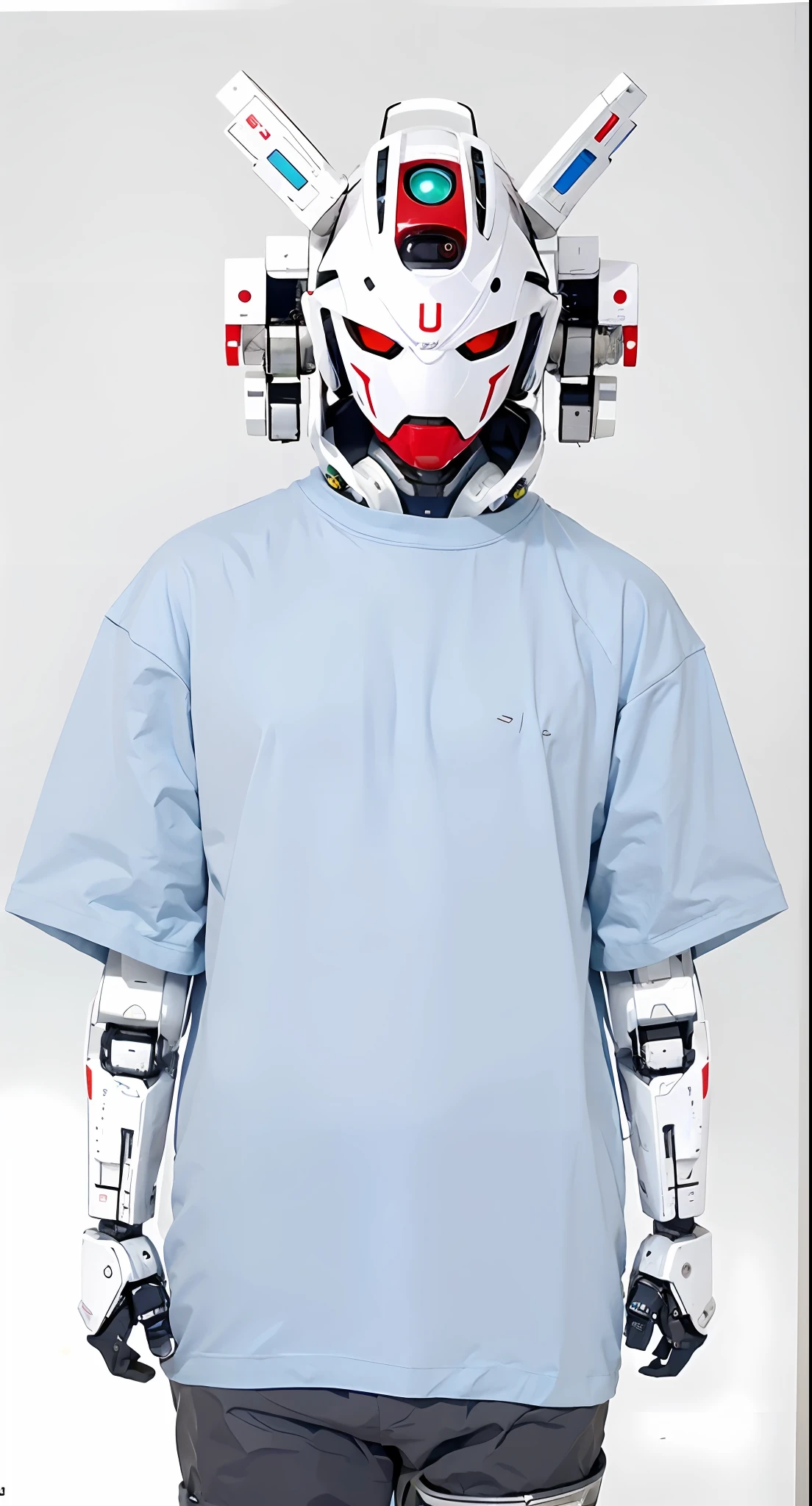 arafed image of a man wearing a robot mask with a blue shirt, anime robotic mixed with organic, portrait of a futuristic robot, symmetry!! portrait of cyborg, portrait of a mech, mecha inspired, portrait of a robot, portrait of a space cyborg, portrait of a robot, portrait of male humanoid, detailed humanoid