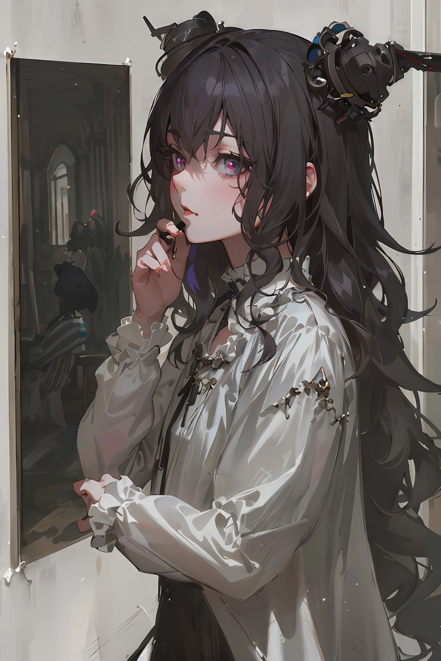 anime girl in a white dress looking at a mirror, Guviz-style artwork, Guviz, guweiz masterpiece, drawn in anime painter studio, made with anime painter studio, Porcelain skin. by Ghibli Studio, Guweiz in Pixiv ArtStation, Guweiz on ArtStation Pixiv, lollipop, Today's featured anime stills