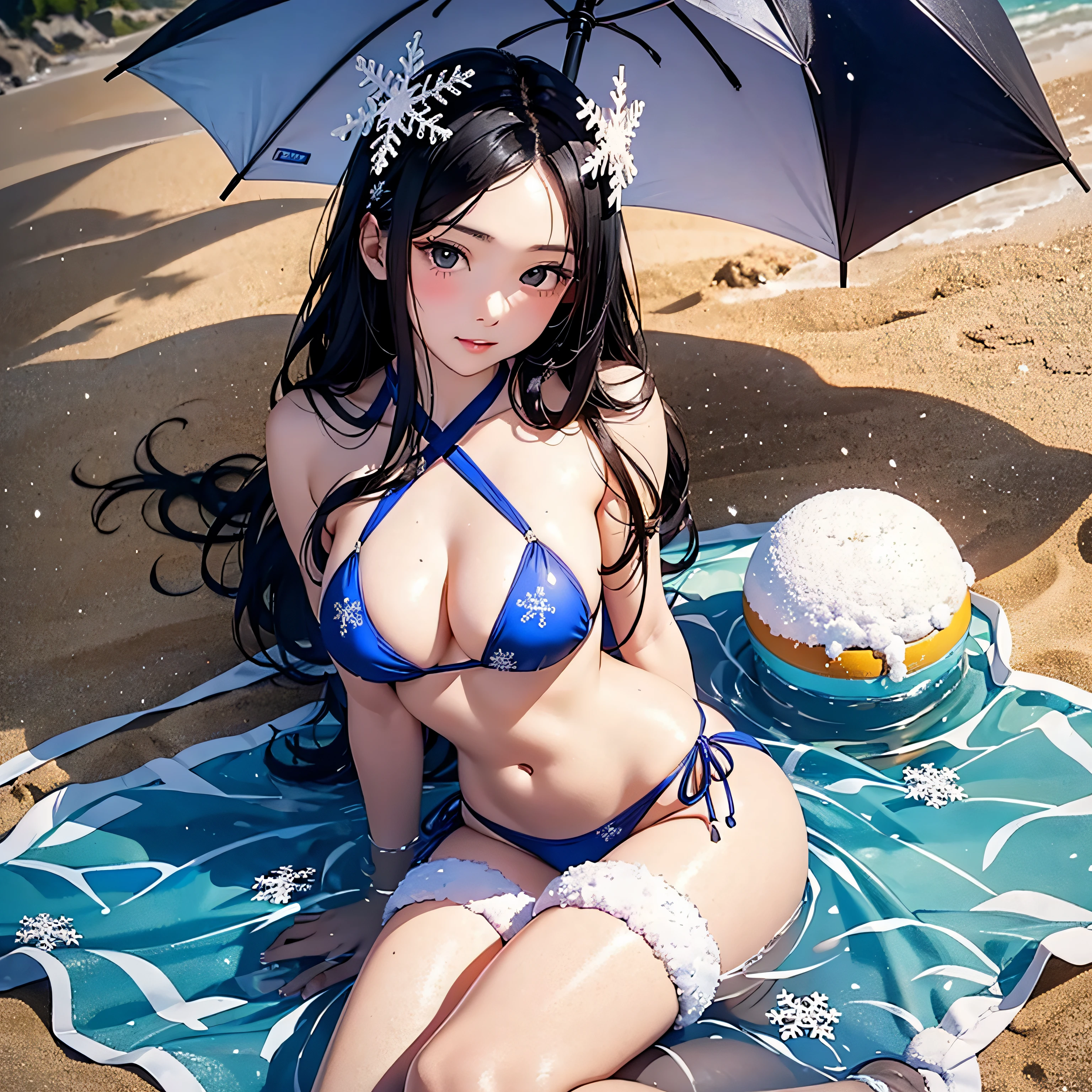 jpn、Beautiful snow woman with long black hair and snowflake hair ornament、18year old、Wearing a blue bikini swimsuit with plenty of snowflake shapes、Japanese umbrella、flipflops、sand beach、masterpiece、realisitic