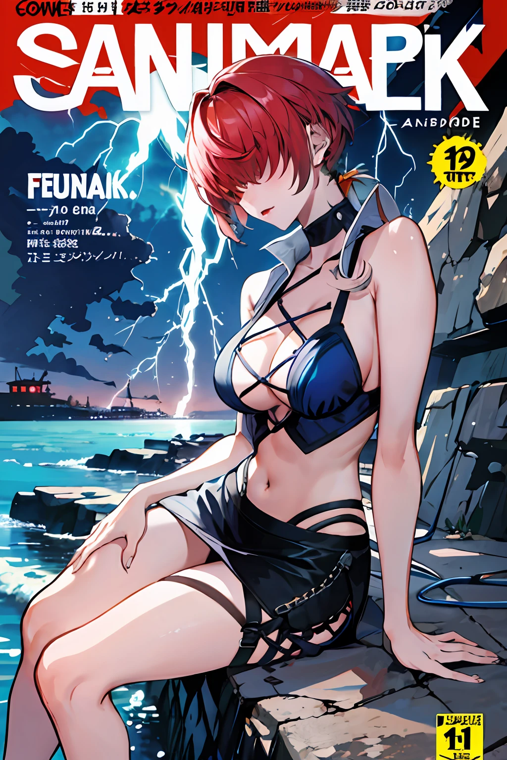 comic cover，Comic cover style，tmasterpiece， best qualityer， A high resolution， she1， （Hair over eyes：1.1）， The palm of the hand generates lightning，Surrounded by thunder，Ocean park，Sex slips