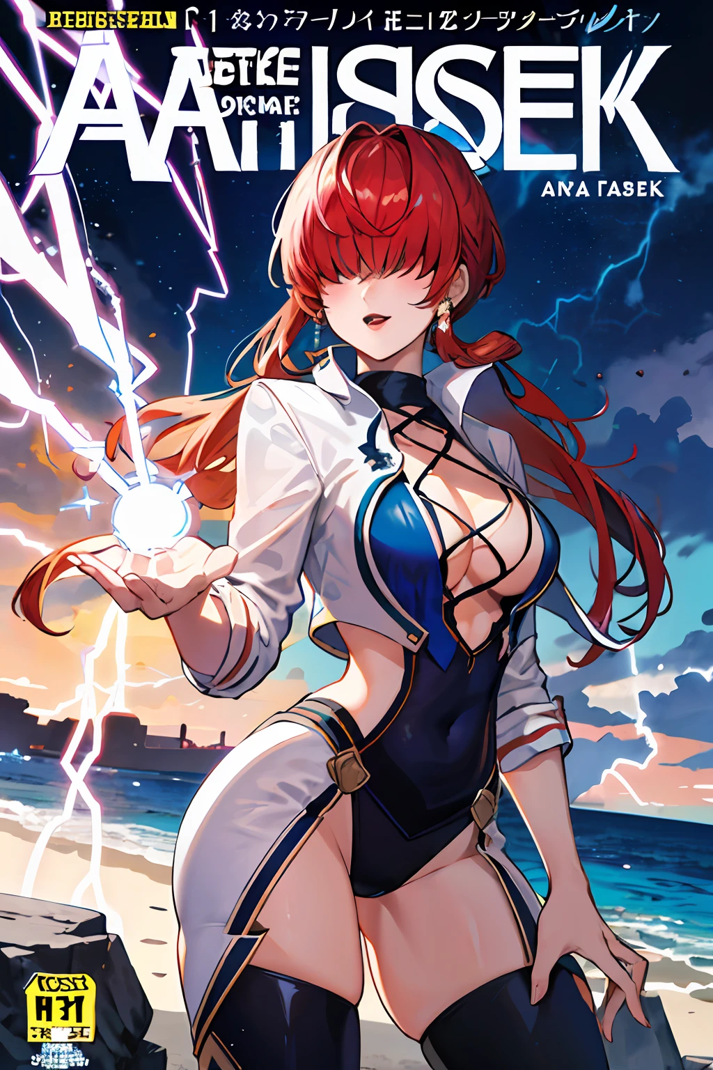 comic cover,Comic cover style,tmasterpiece, best qualityer, A high resolution, she1, (Hair over eyes:1.1), The palm of the hand generates lightning,Surrounded by thunder,Ocean park,Sex slips