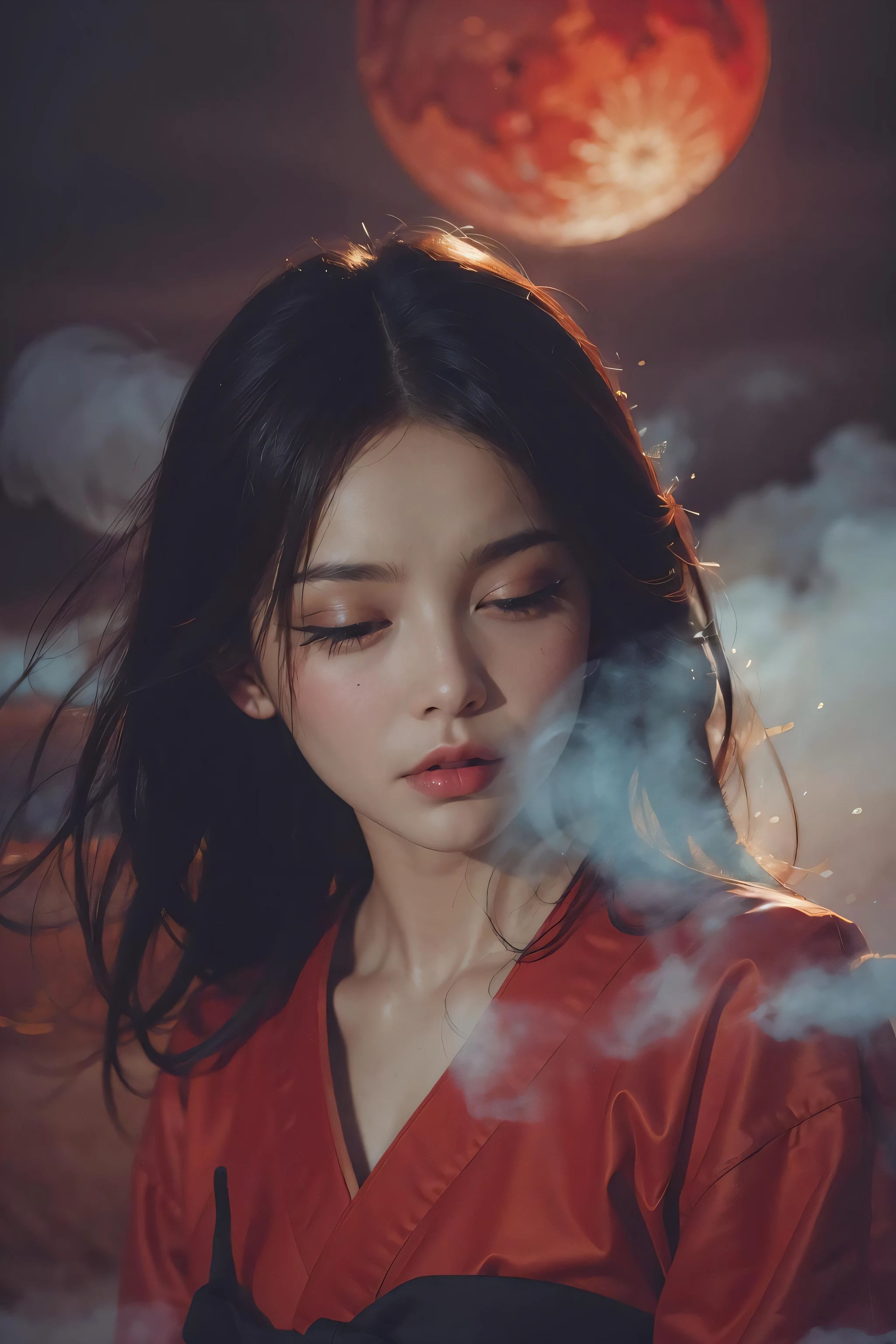absurdres, (best quality), (masterpiece),(ultra-detailed:1.2),(photorealistic:1.4),(highres),reflection,low angle, sword reflection,samurai, long hair,glowing eyes,red eyes,(half closed eyes:1.4), kimono,strapless, traditional architecture,night,(red moon:1.1),(fog:1.4),(silhouette:0.8) , (expressionless:1.3),(ghost:1.1),red fire,,fantasy, high contrast, ink strokes, explosions, over exposure, purple and red tone impression , abstract, ((watercolor painting by John Berkey and Jeremy Mann )) brush strokes, negative space,