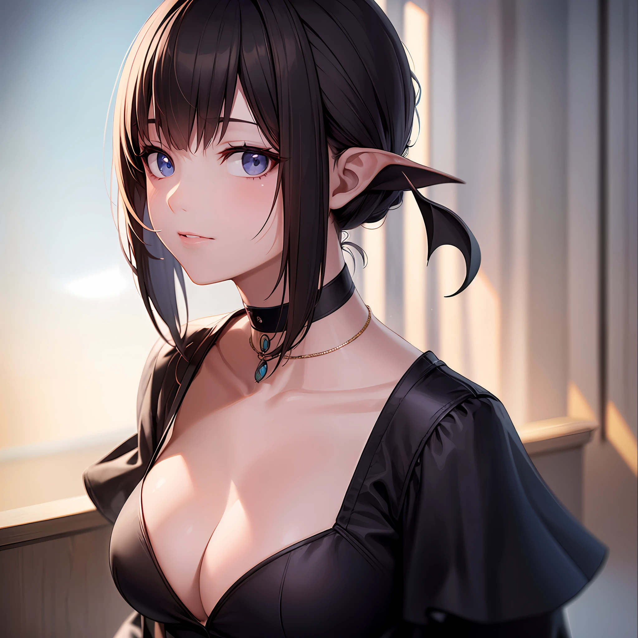 best qualtiy,tmasterpiece,A high resolution,1girl,Porcelain skirt,hair adornments,choker necklace,jewely,beautiful face,Physically,dingdall effect,realisticlying,dark studio,edge lit,twotonelighting,(highdetailskin:1.2),8k uhd, dslr, softlighting, high high quality, volumettic light, sneak shot, photore, A high resolution, 4k, 8k, Background bokeh,succubi --auto