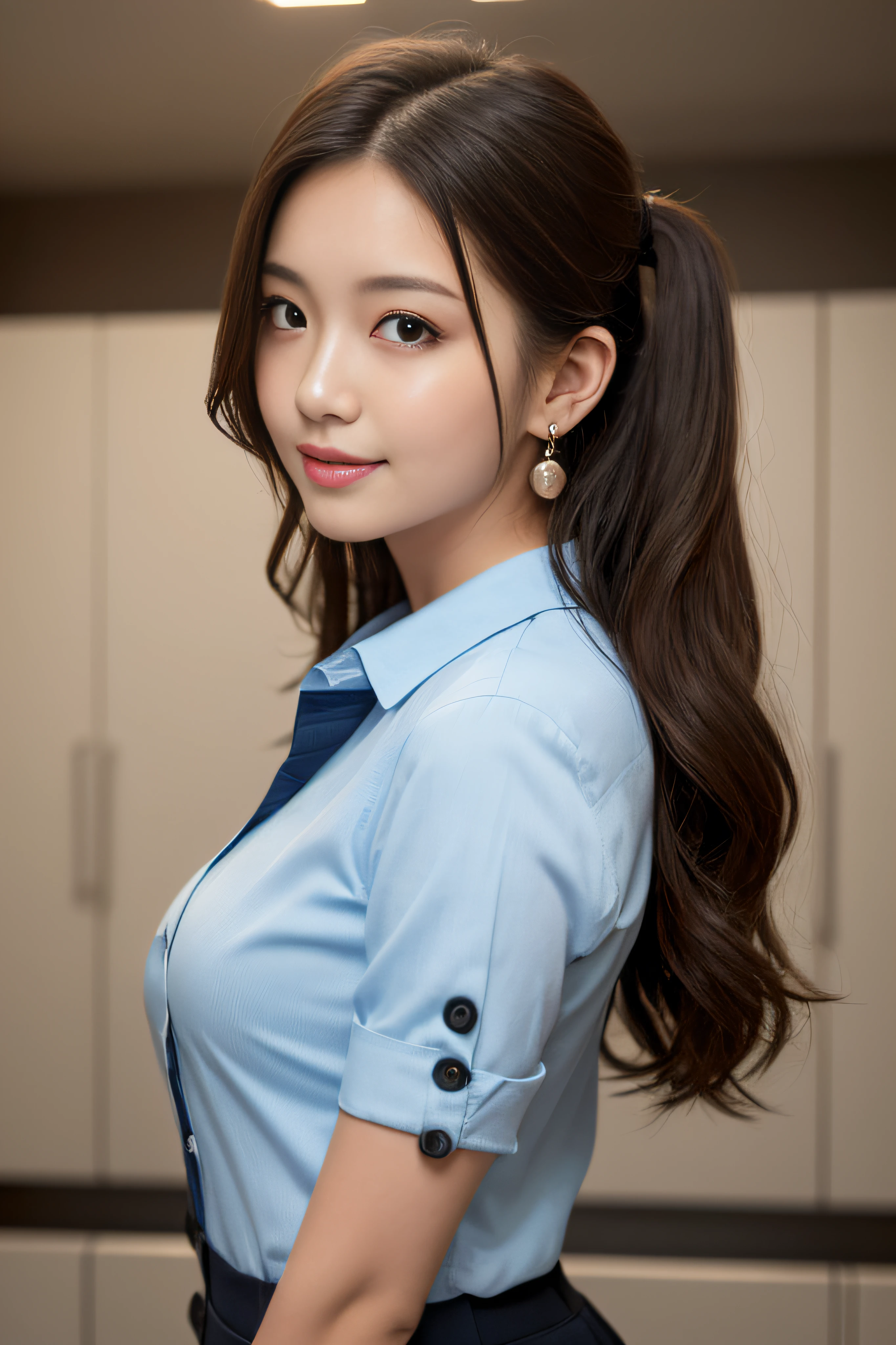 (masutepiece: 1.3), (max resolution: 1.2), (Ultra HDTV: 1.2), cinematric light, Ultra HDTV, (Detailed eyes and skin), (detailed facial features), tmra, 8K resolution, Sharp Focus: 1.2, Perfect Style, Beautiful face, Perfect body, acurate, Anatomically correct, Highly detailed face and skin texture, Detailed eyes, Dark-blue eyes, Double eyelids, Thin eyebrows, Glitter Eyeliner: 1.2, Natural cheeks, Glossy skin, Fair skin: 1.2, shiny little necklace and earrings, (Glossy lips: 1.4), BREAK, One-person viewpoint, (she is very Cute high school student), (Wearing a Button up shirt, Pleated mini-skirt, Navy tie, high socks), (Seductive smile: 1.2), ((a Innocent and cute girl:1.3)), (Focus on Face), (Side Ponytail Hairstyle, Wavy Hair), (ligh brown hair:1.2), Medium Long Hair, (Cowboy Shot: 1.2), BREAK, ((Very intimate relationships: 1.2)), (Large breasts:1.3), ((Looking at Viewer:1.2)), ((She's unbuttoning her shirt..:1.6)), ((In the Extreme narrow school changing room:1.2)), (From Side:1.2),
