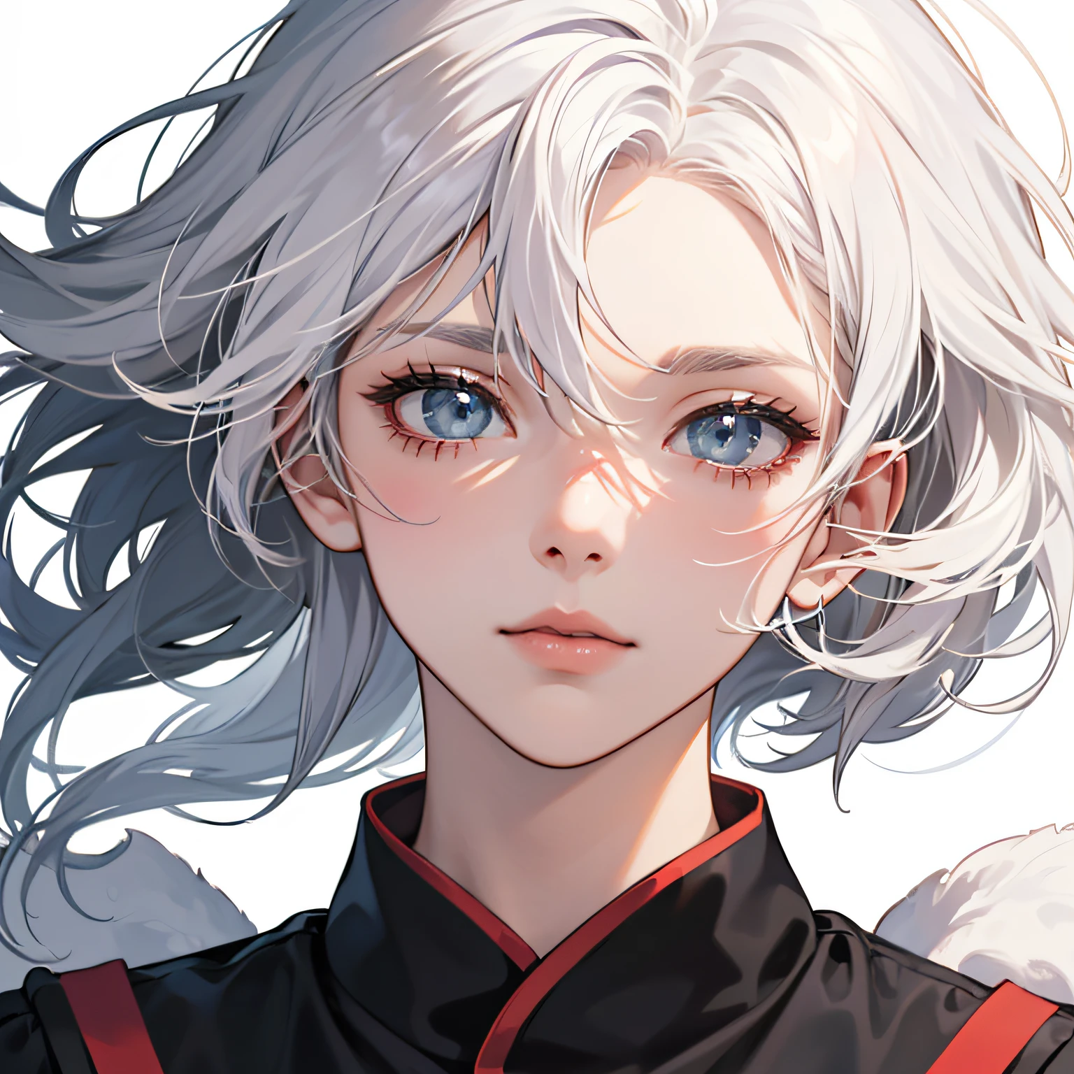 (32k anime+white hair:1.2),(portrait),(white background),(minimalism:0.7),Perspective composition,Close-up,The light and shadow expression is strong,More exposed,Match appropriate expressions and movements,Show charisma. --auto