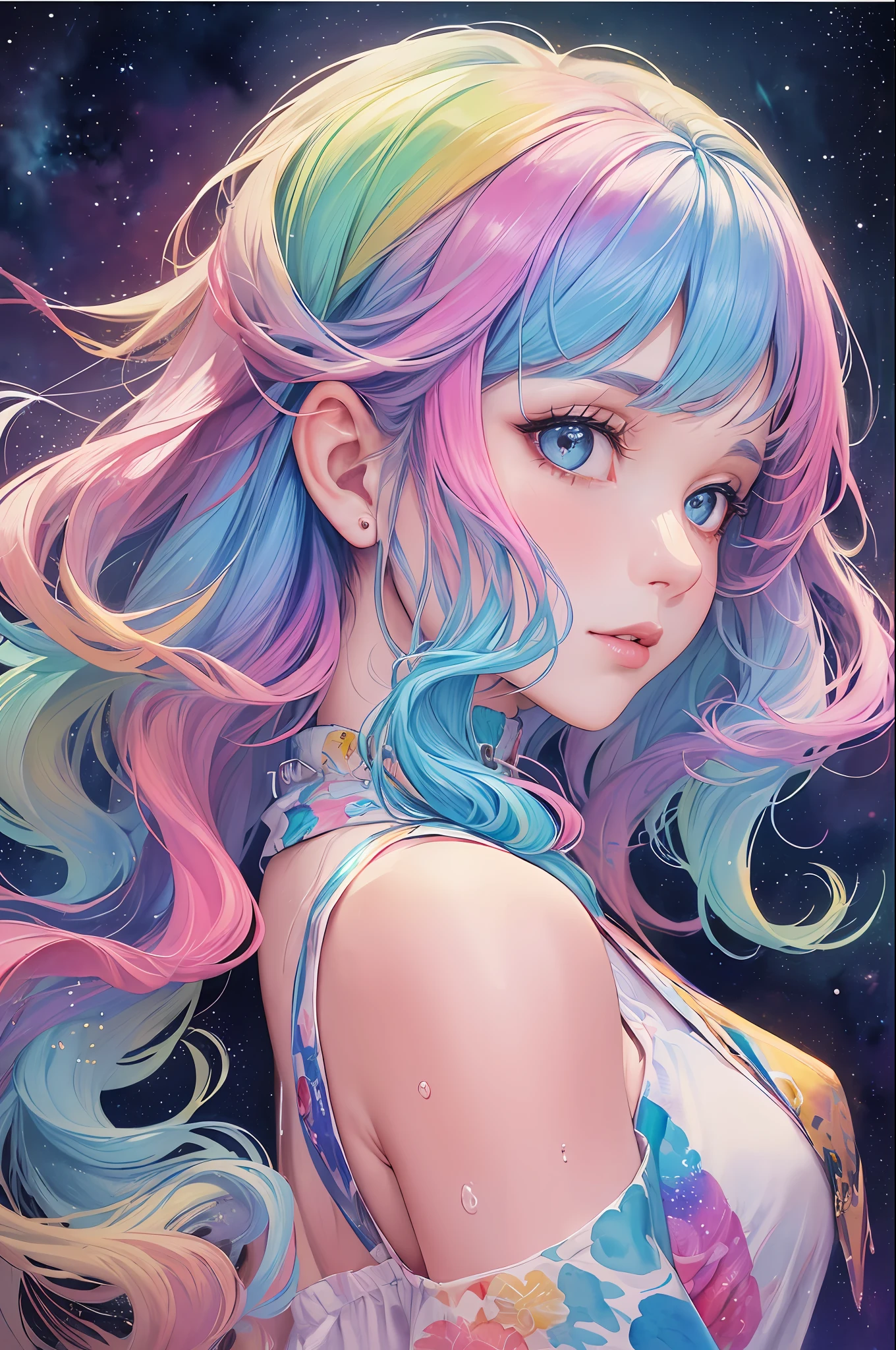(masterpiece, top quality, best quality,watercolor (medium),official art, beautiful and aesthetic:1.2),(1girl:1.3), (fractal art:1.3),upper body, from side, looking at viewer,patterns,(rainbow color Hair,colorful hair,half blue and half pink hair:1.2),water,liquid, cloud,colorful, starry,stars,