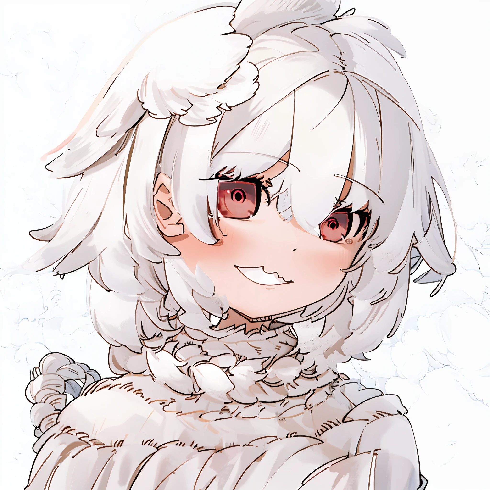 Anime girl with white hair and red eyes, girl with white hair, girl with short white hair, glowing red eyes, cute girl with anime vision, smile