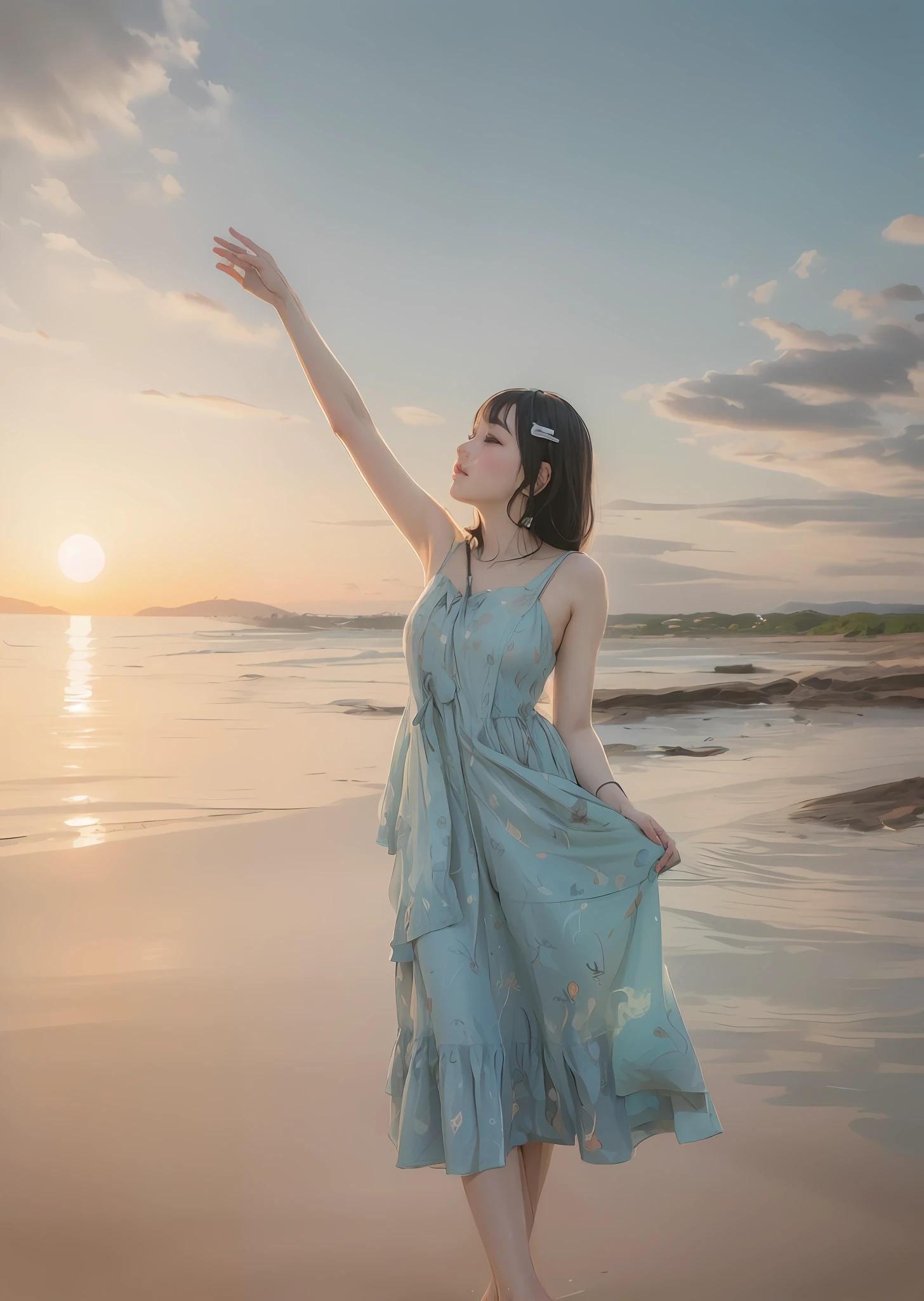 Masterpiece, Best Quality, Official Art, 8k Wallpaper, Very Detailed, Illustration, 1 Girl, Sky Blue Hair, Long Hair, Detailed Eyes, Forrest Gump, Bare Shoulders, Hanfu, Lake, Pure, Soft Smile, bamboo, tea