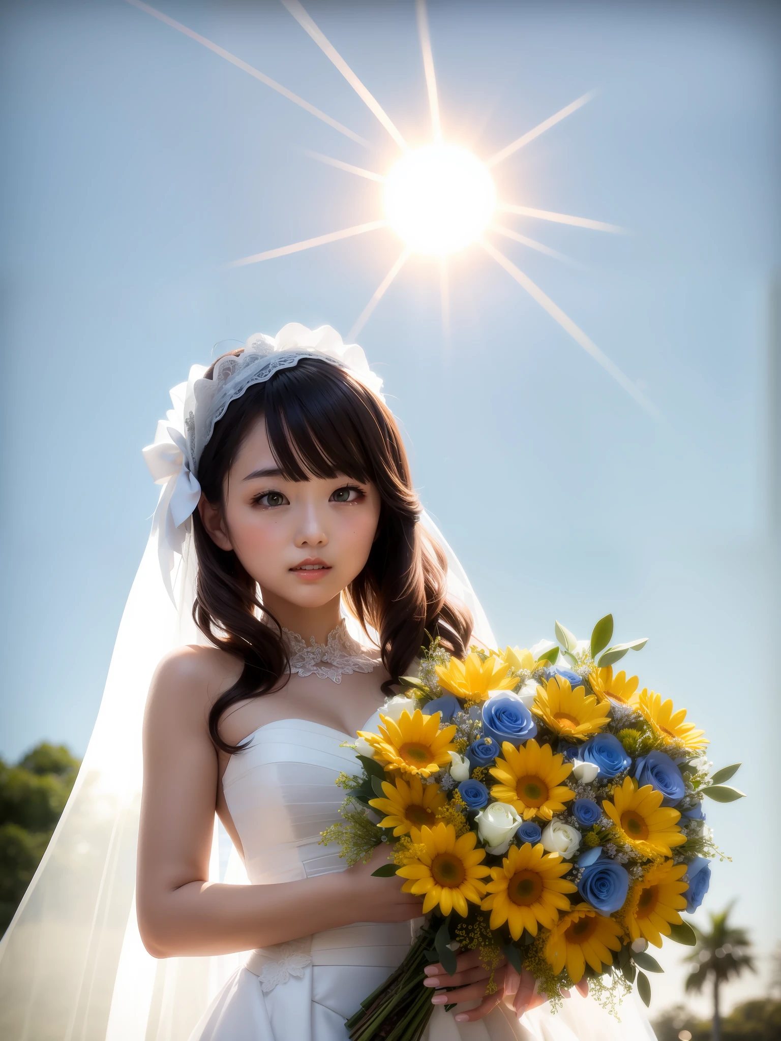 woman，white wedding gown，Bouquet，ren，and the sun was shining brightly，long whitr hair